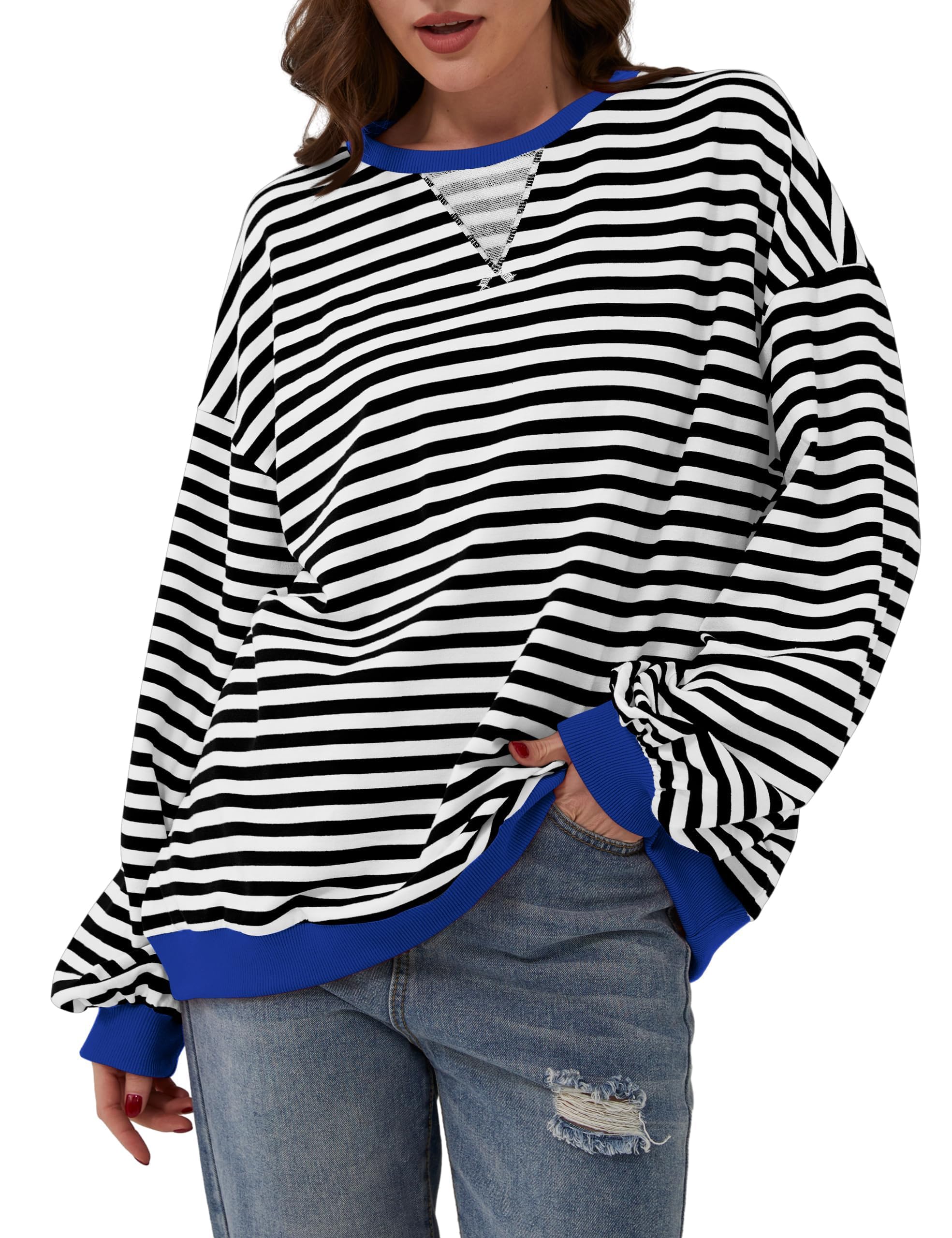 DUOEASE Sweat Femme Pull Chic et Elegant Manches Longues Top Automne Hiver | Doux, extensible et respirant, rayé, col et poignets contrastés, coupe décontractée, idéal au quotidien, au bureau