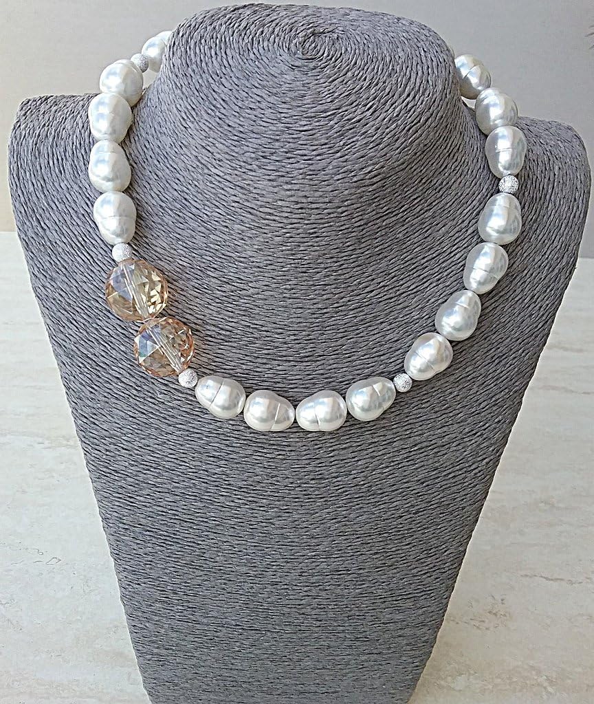 White shell pearl and champagne crystal necklace