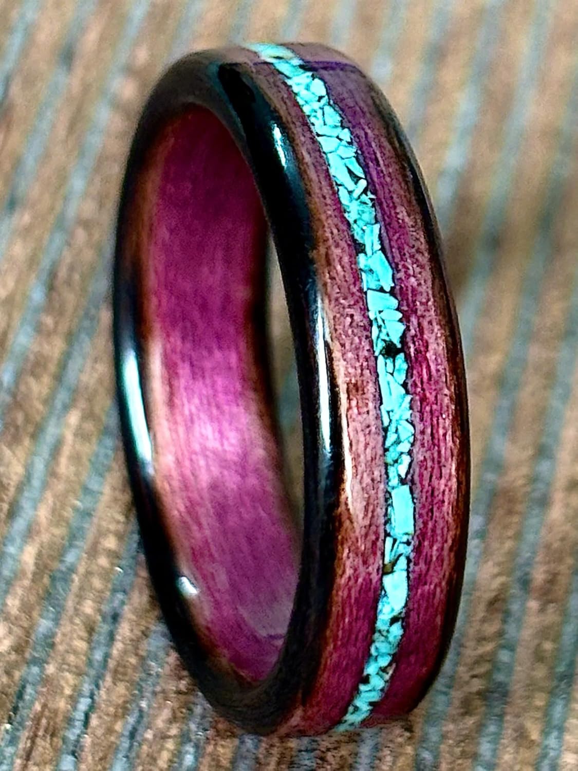 Purple Heart wood with turquoise stone inlay ring - bentwood ring - gemstone ring - beautiful wood ring - wedding rings