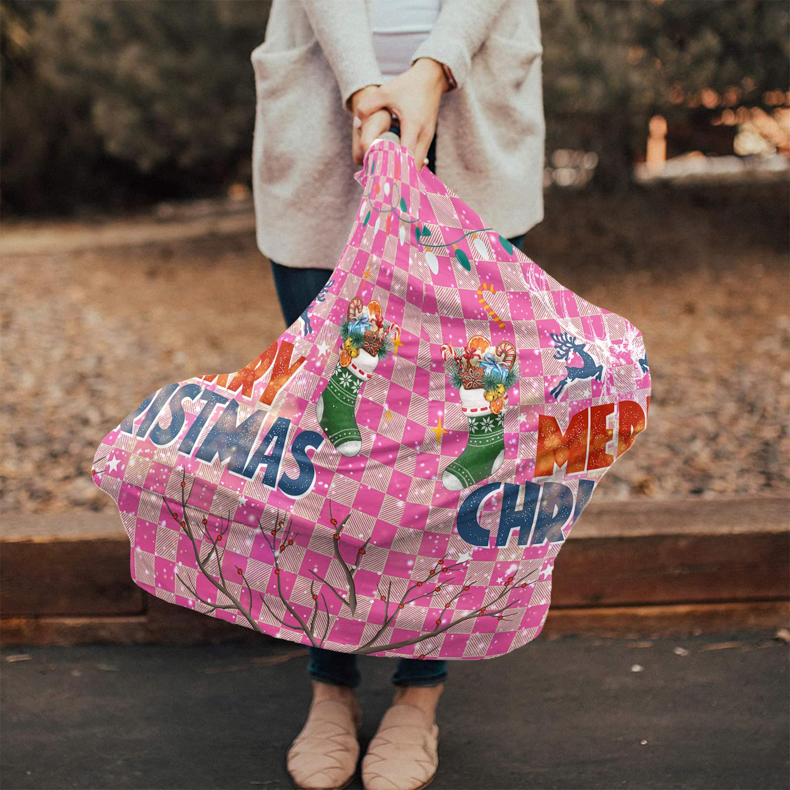 Nursing Cover for Breastfeeding Scarf, Xmas Ornaments Merry Christmas Pink Baby Car Covers Super Soft Multi Use for Canopy Shopping Cart Cover Blanket Stroller Cover