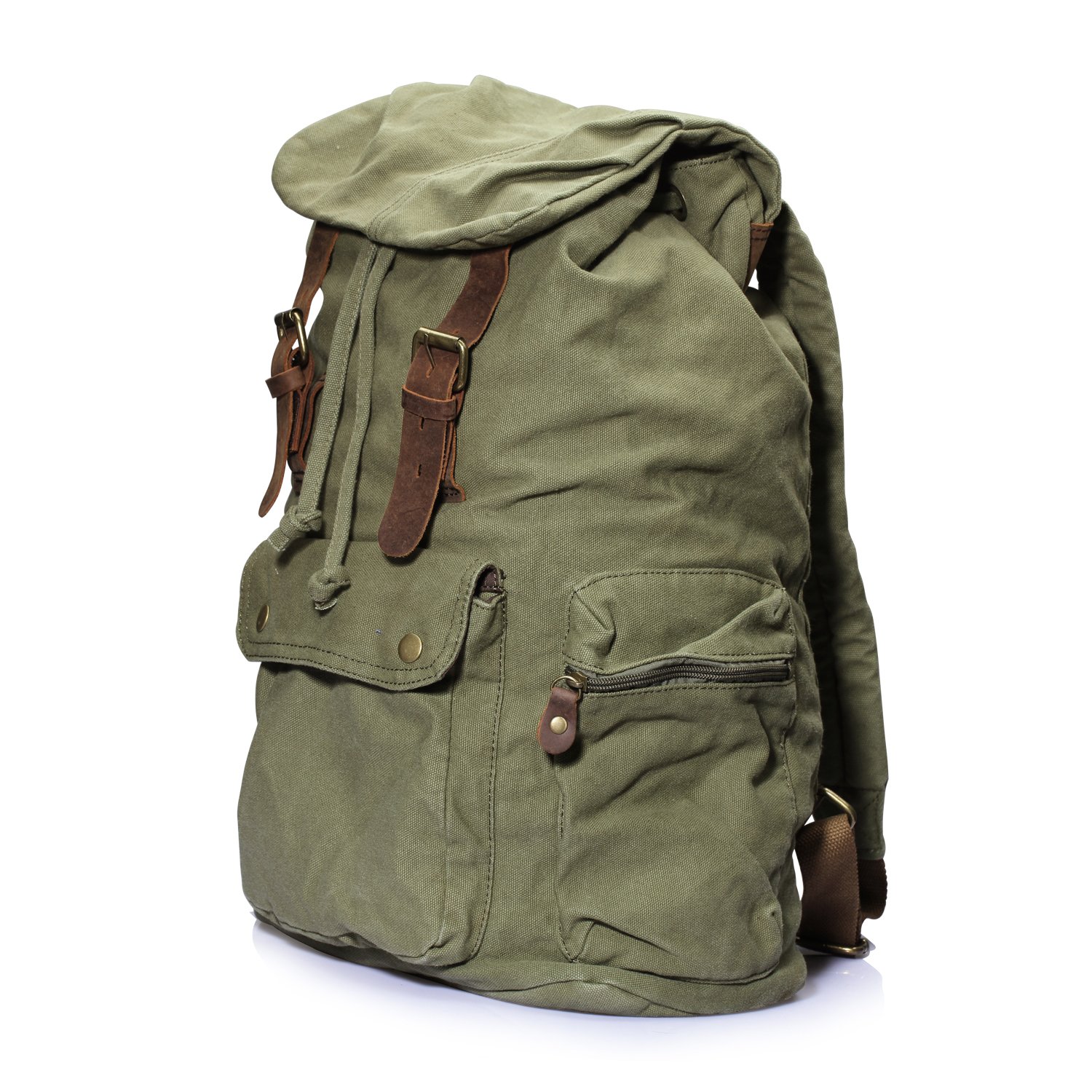 DRF Zaino da uomo o da donna in pelle d'epoca tela zaino trekking viaggio #BG04(Verde Olive) | Alta Qualità, hikking, Viaggio, Per Scuola,retro