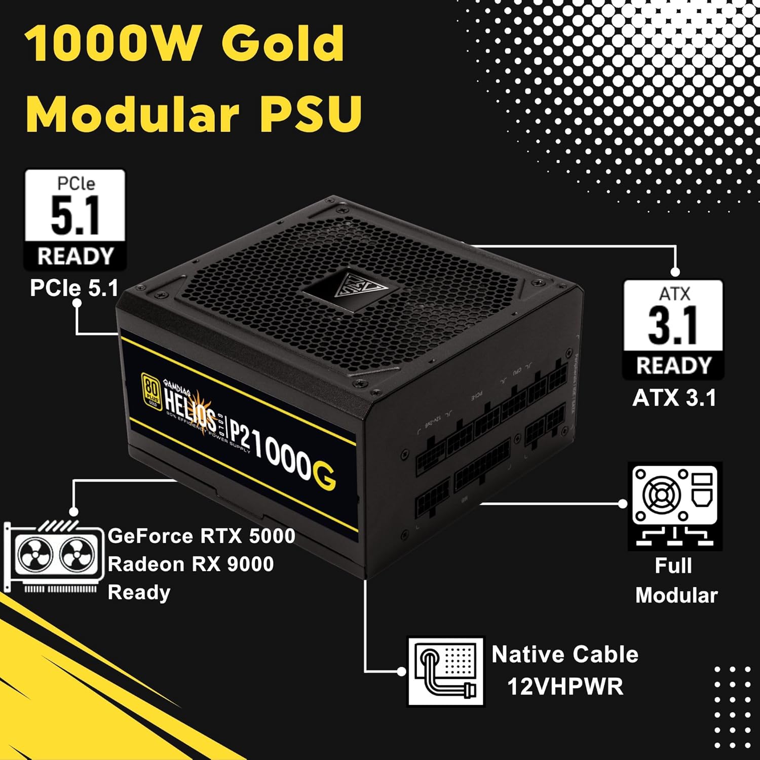 GAMDIAS PCIe 5.1 & ATX3.1 Gold 1000W Power Supply for GeForce RTX 5000 Series, 1000W Fully Modular ATX 80 Plus Gold Computer PSU for Gaming PC Desktops, Low-Noise Fan, Helios P2-1000G - Image 2