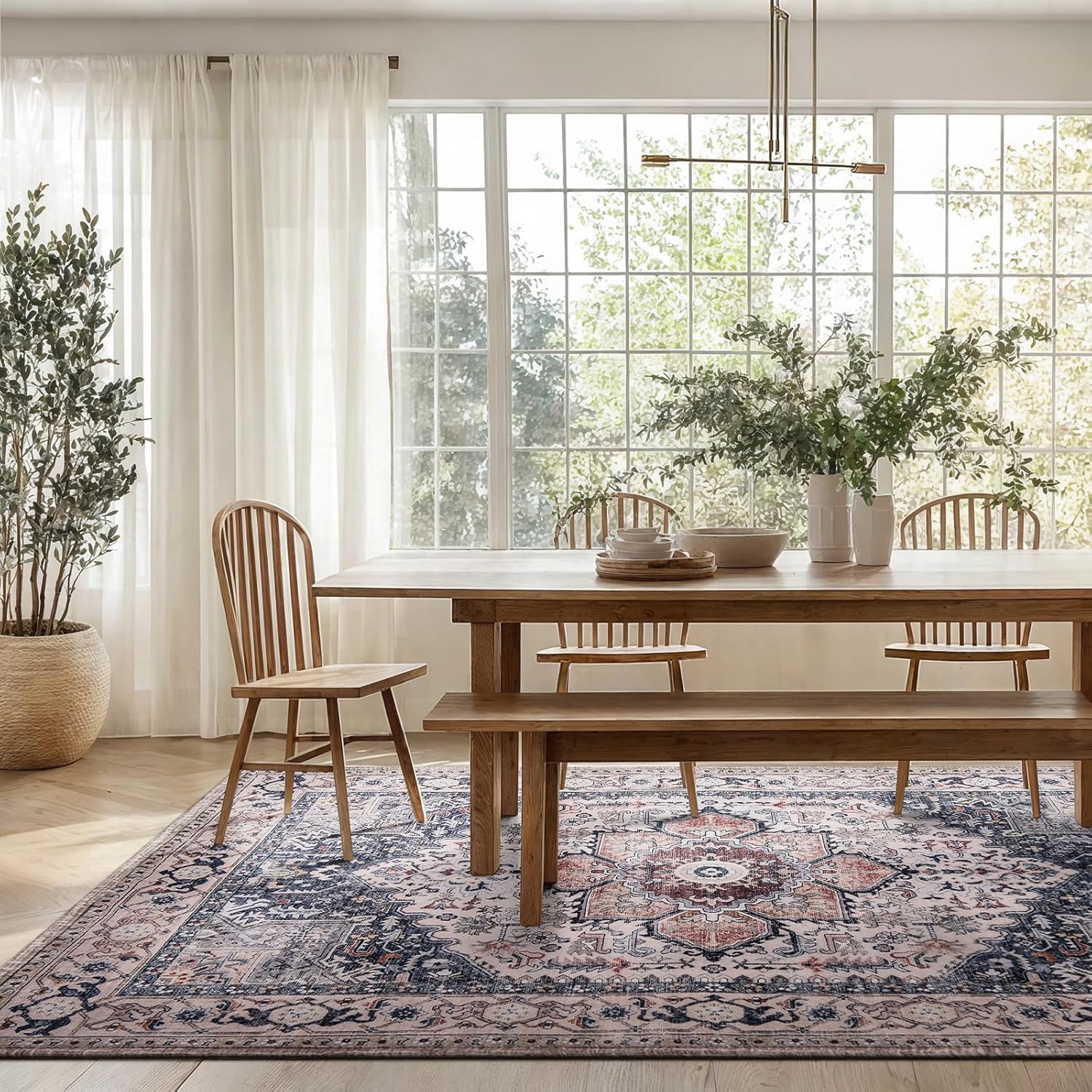 purrugs vintage farmhouse boho large area rug 8x10 ft, non-slip machine washable rug, accent oriental rug for living room, dining room, bedroom, entryway and kitchen, coral red/marine blue coral red/marine blue 8' x 10'