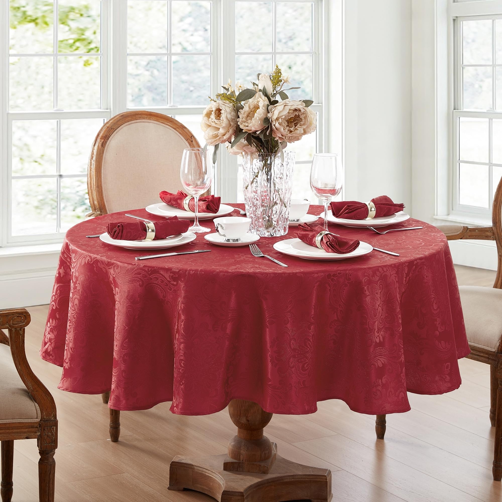 Elrene Home Fashions Caiden Elegance Damask Waterproof, Stain & Wrinkle Resistant Fabric Tablecloth, 60" x 84" Oval, Red