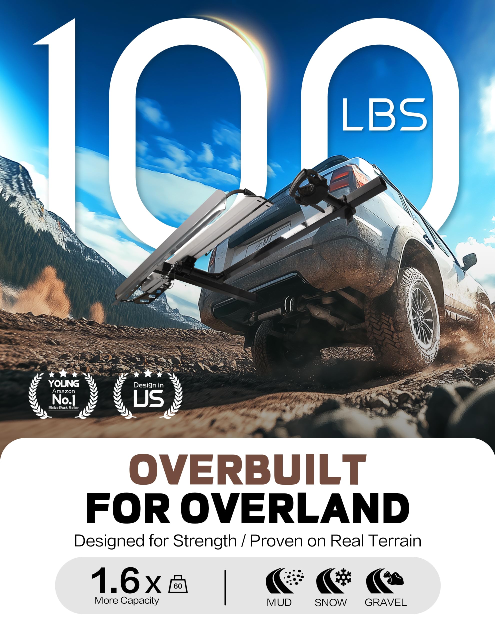 Hitch Mount Single Bike Rack with Ramp for Electric Bike, 100 lbs. Capacity Bike Carrier for Truck, Trailer, RV, SUV