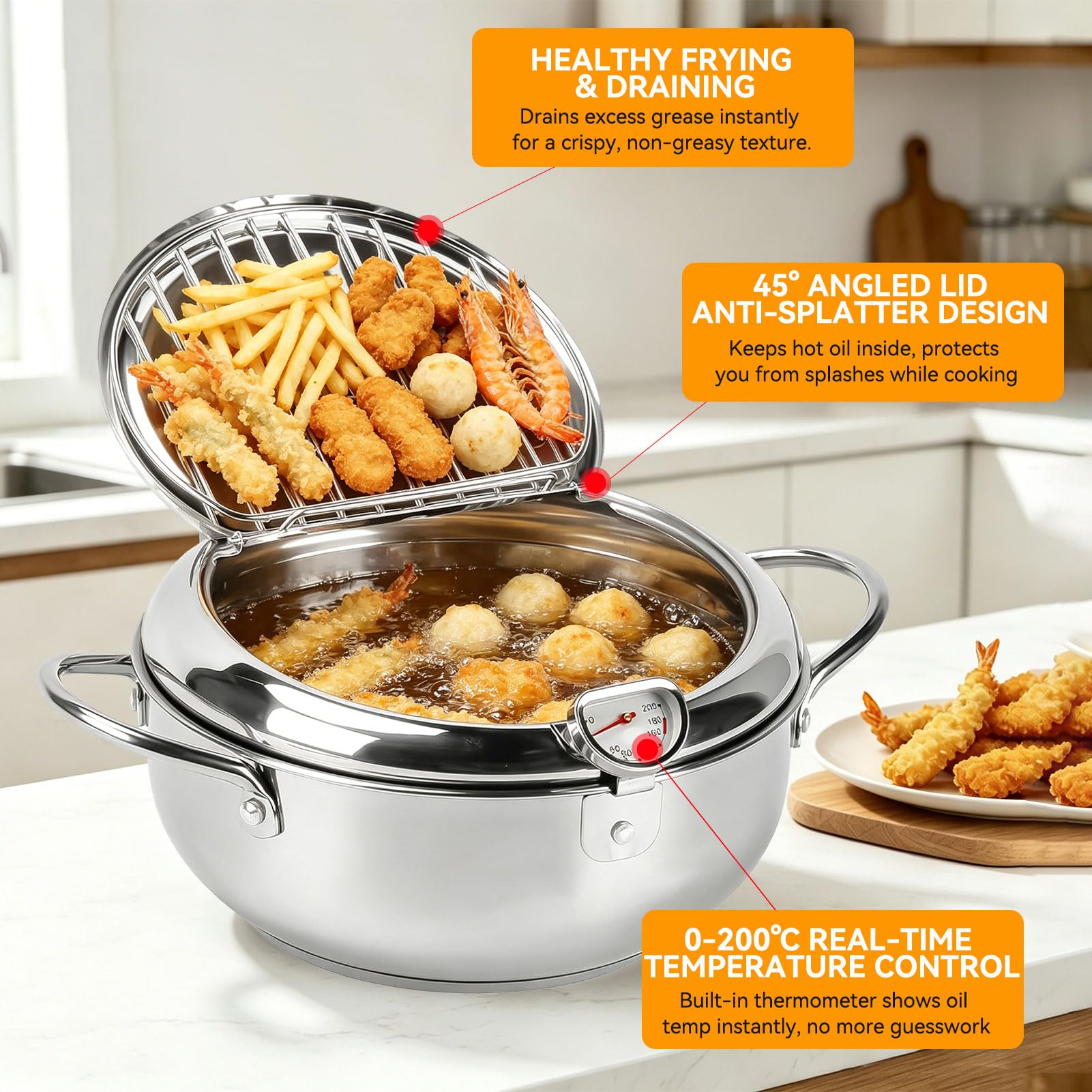 Giapponese Tempura Friggitrice, Mini Pentola Per Friggere In Acciaio Inossidabile Con Termometro, Pentola per friggitrice, Coppa Olio con Coperchio della Griglia Antigoccia per per pollo francese