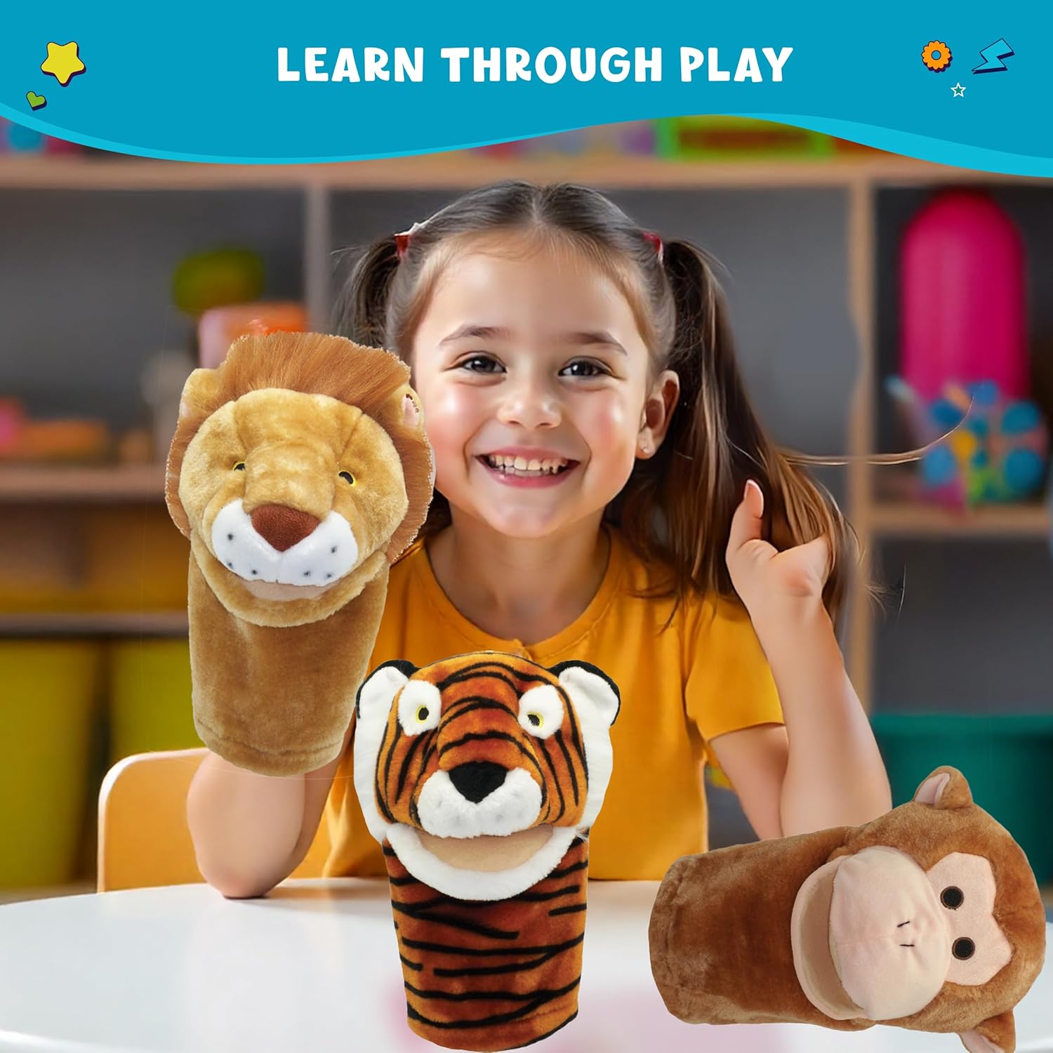 Get Ready Kids BigMouth Zoo Animal Hand Puppet Set - Set of 4, Large 12 Inch, for Toddlers Ages 1-3, Includes Lion, Tiger, Elephant and Monkey, Soft Plush for Kids