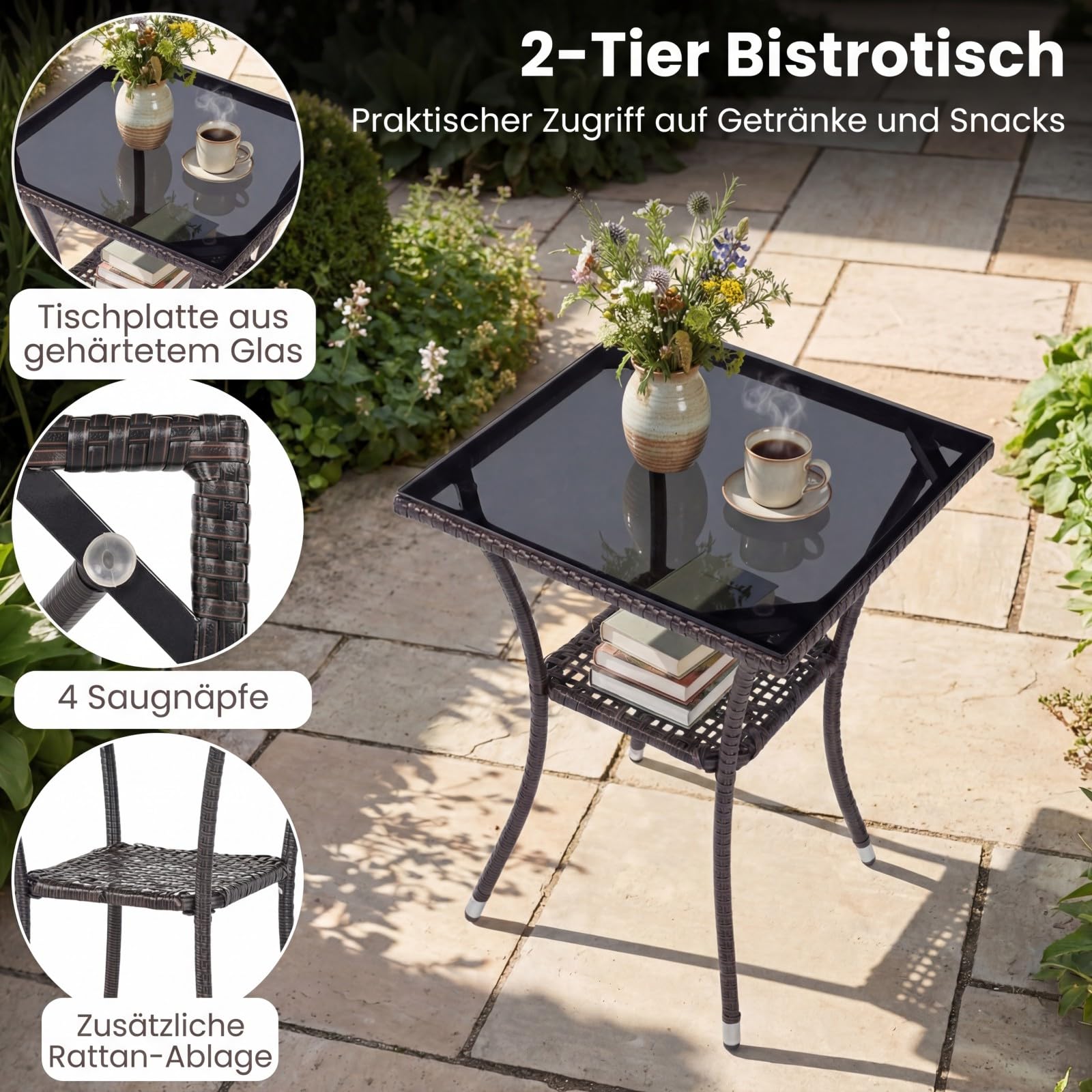 COSTWAY Rattan Gartenmöbel Set, Balkonmöbel Kleiner Balkon, Balkon Möbel mit 2 Sessel, Glastisch und Kissen, Gartenlounge 2 Personen, Sitzgruppe für Garten, Veranda, Poolbereich (Mix Braun+Beige)