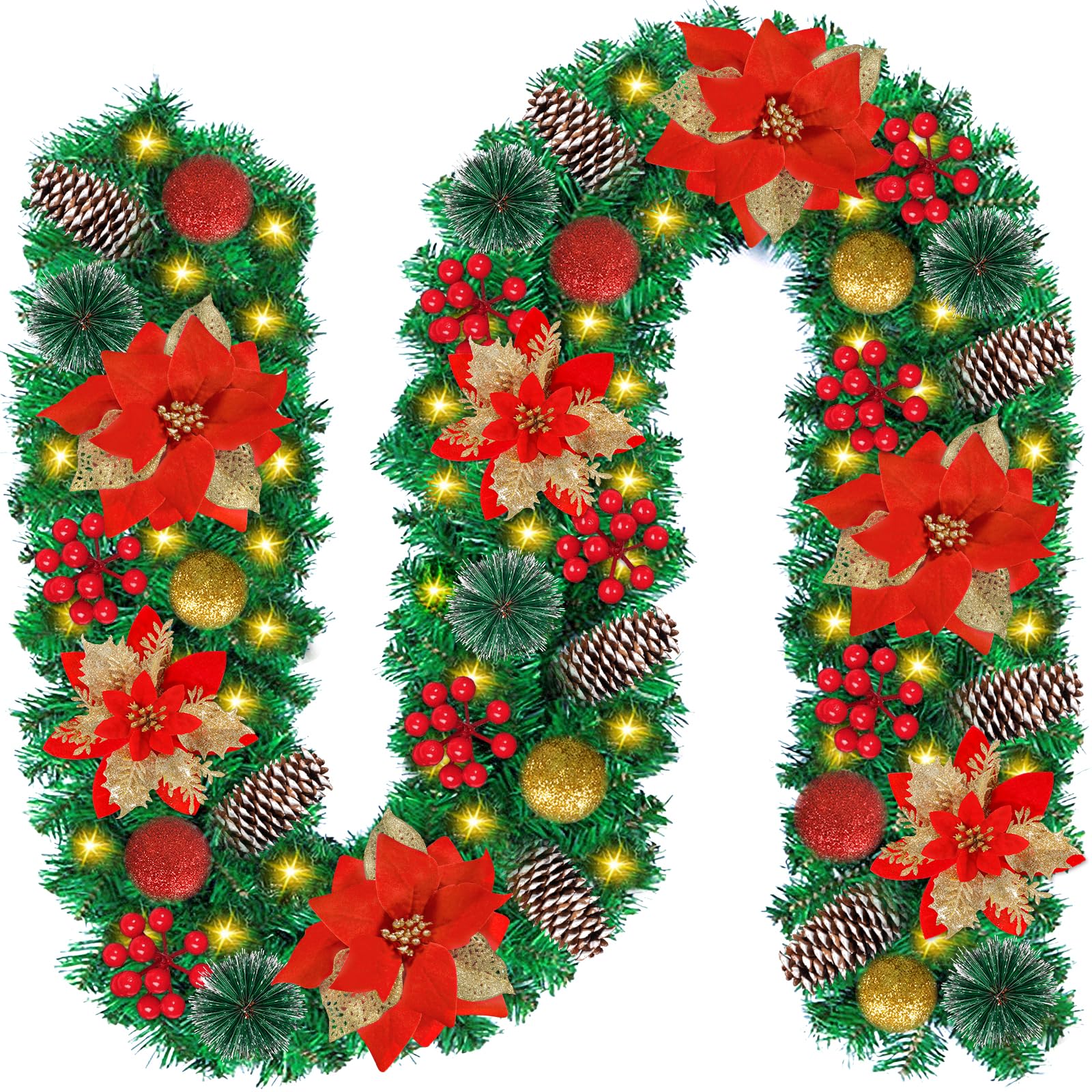 Guirnalda de Navidad con luces LED de 270 cm de color blanco cálido, guirnalda de pino para decoración de interiores, chimeneas, escaleras, pared, puerta