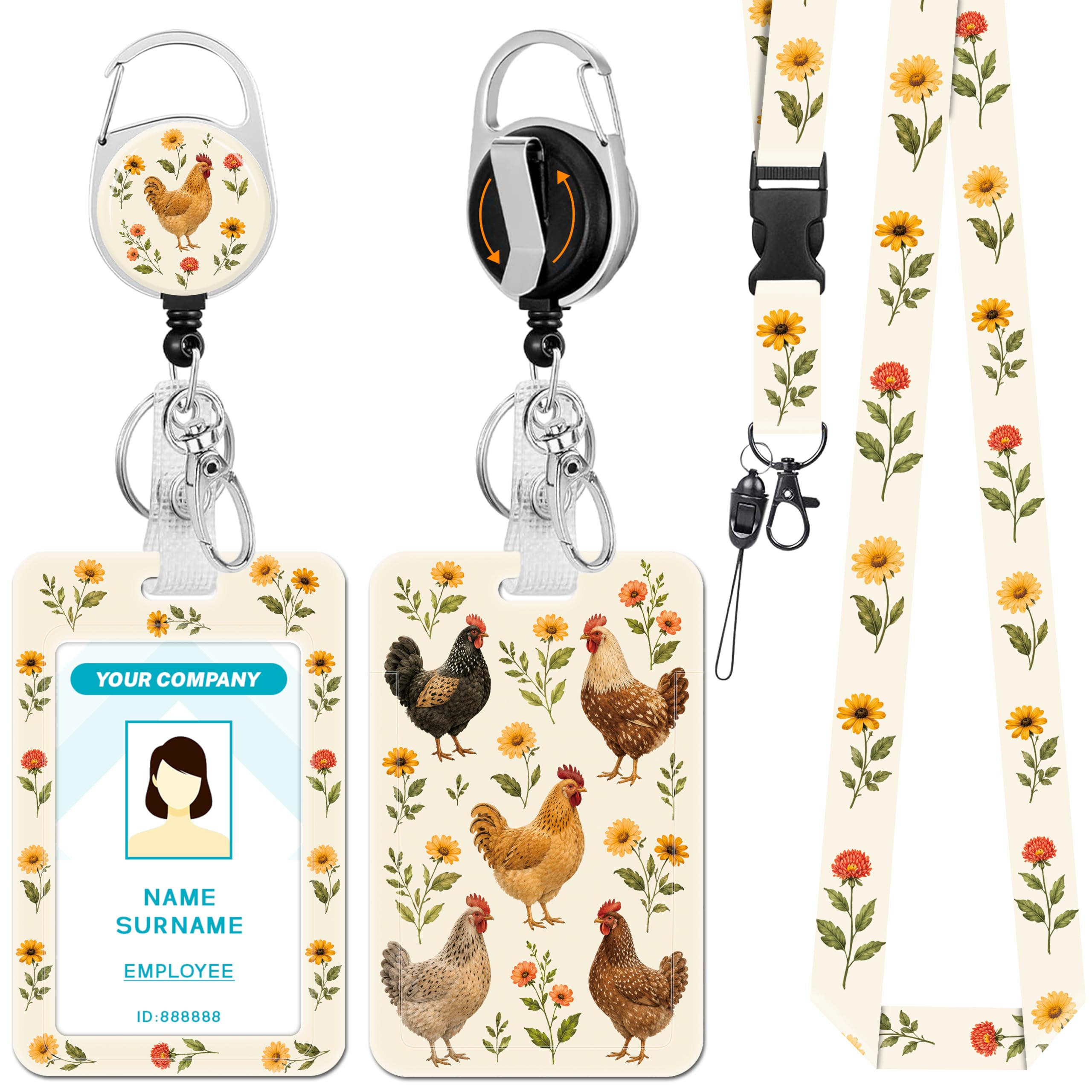 Hancynir Chicken Lanyards for Id Badges, Badge Holder Retractable Reel Clip