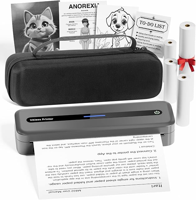 Itari Portable Bluetooth Label Printer with Case, Inkless Thermal Printer for Phone, PC, Support 8.5" x 11" A4 & US Letter Paper, Wireless Printer for Office, Home, Travel, School, Gray