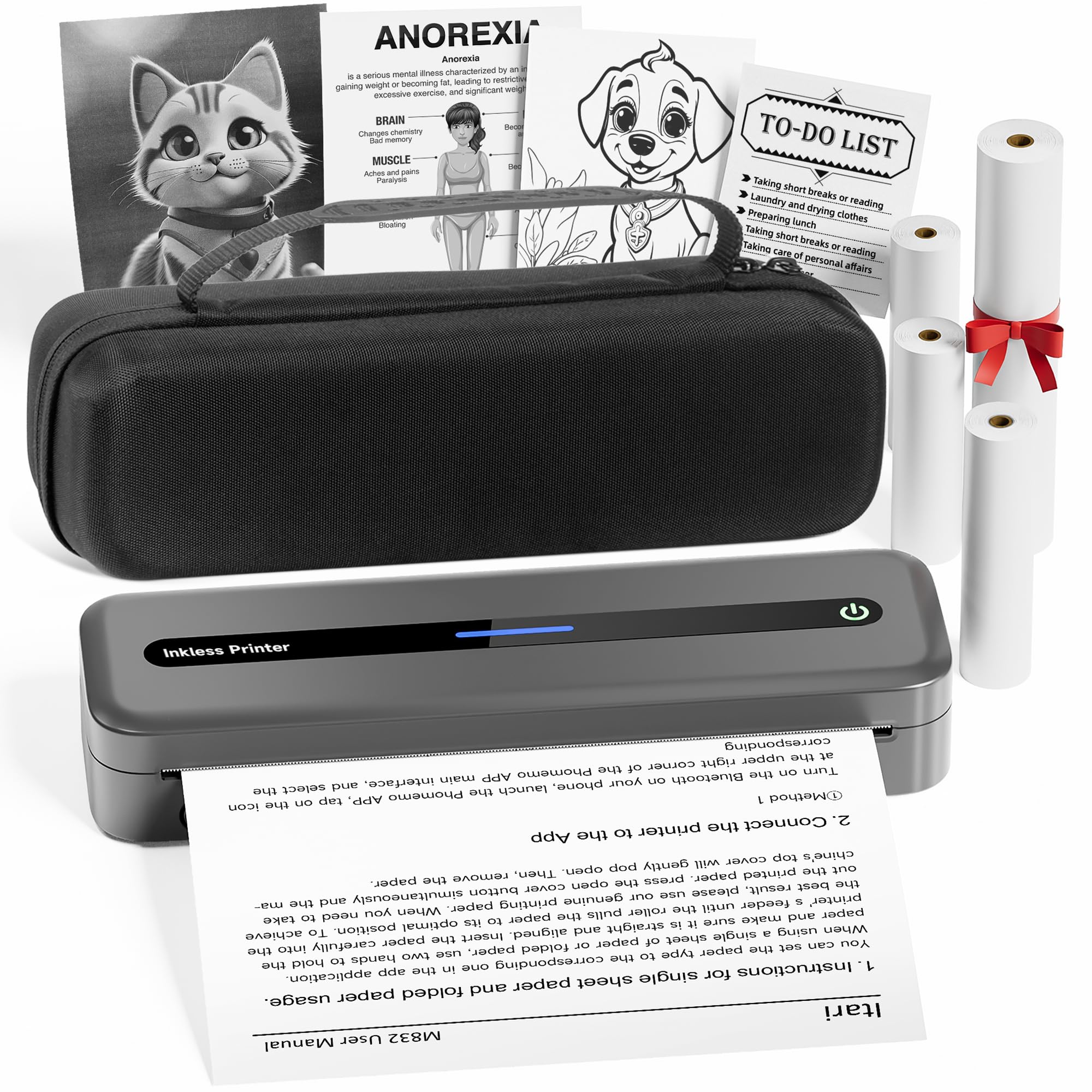 Itari M832 Mobile Printer Kit, 304dpi Thermodrucker A4, kompakter Bluetooth-Drucker, Monochromer Thermal Printer, für Android/iOS/Win/Mac, mit 4 Rollen Thermorollenpapier
