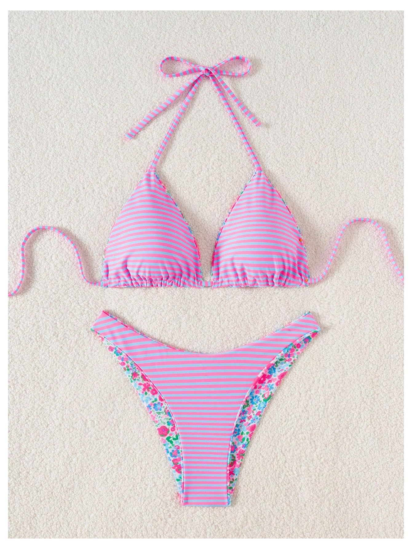 Costume da Bagno Bikini A Righe Floreali in 2 Pezzi Donna con Perizoma alla Caviglia Taglio Alto Rosa Chiaro X-Small