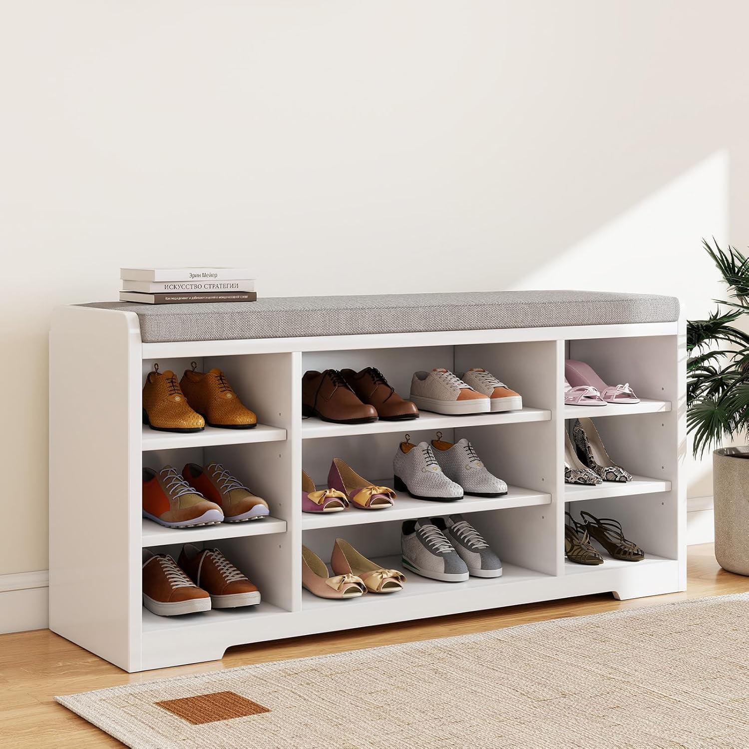 Shoe Rack Bench, Shoe Organizer Storage Bench with Cushion 9 Cubbies for Entryway Closet Bedroom White