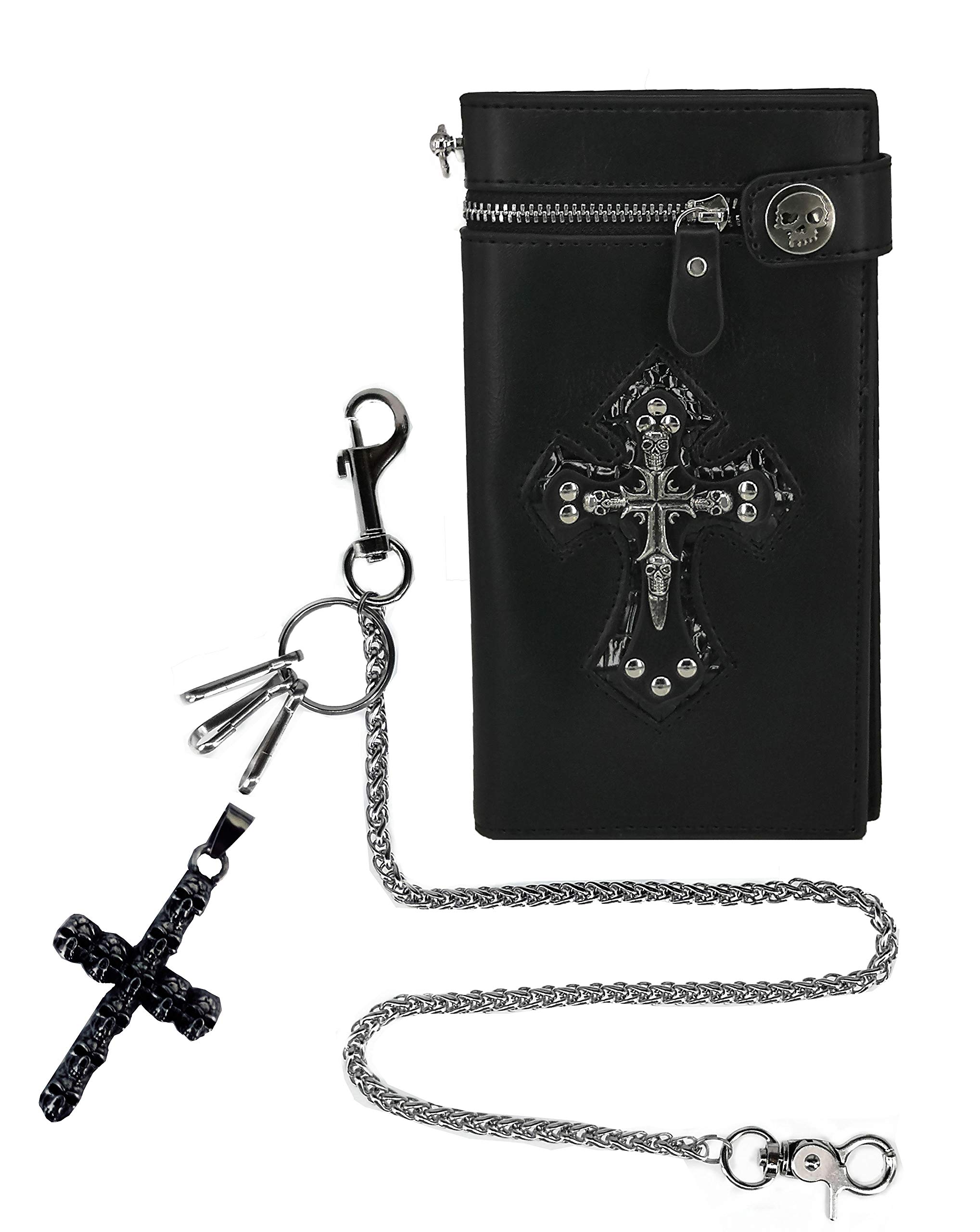 ABC STORY Leather Wallet for Men Women with Skull Cross Chain Biker Trucker Wallet Black