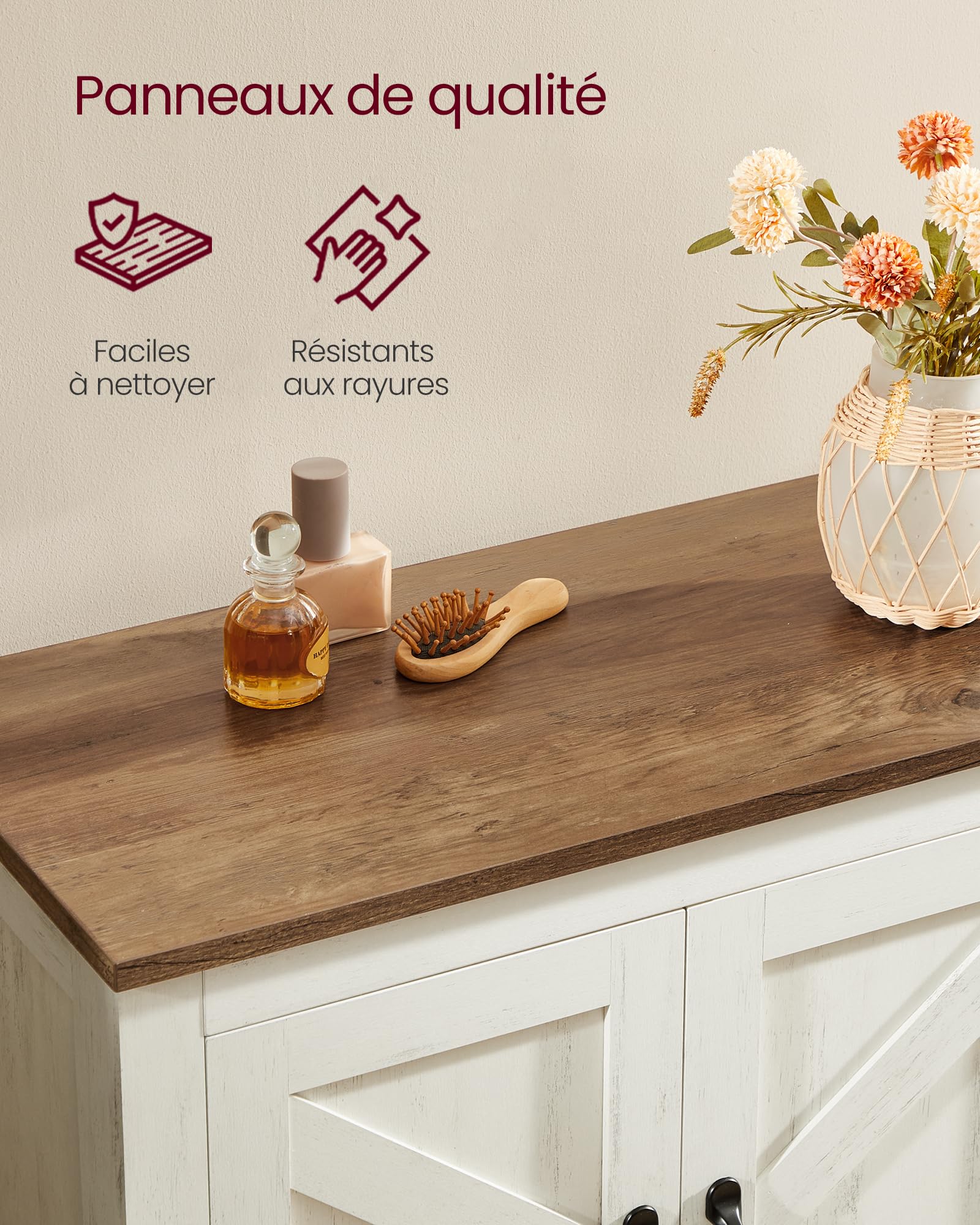 VASAGLE LIRY Collection – Armoire de Rangement avec Portes de Grange, Buffet Haut, Style Ferme, pour Cuisine, Salle de Bain, Salon ou Salle à Manger, Étagères Réglables, Blanc Rustique BBK773W01