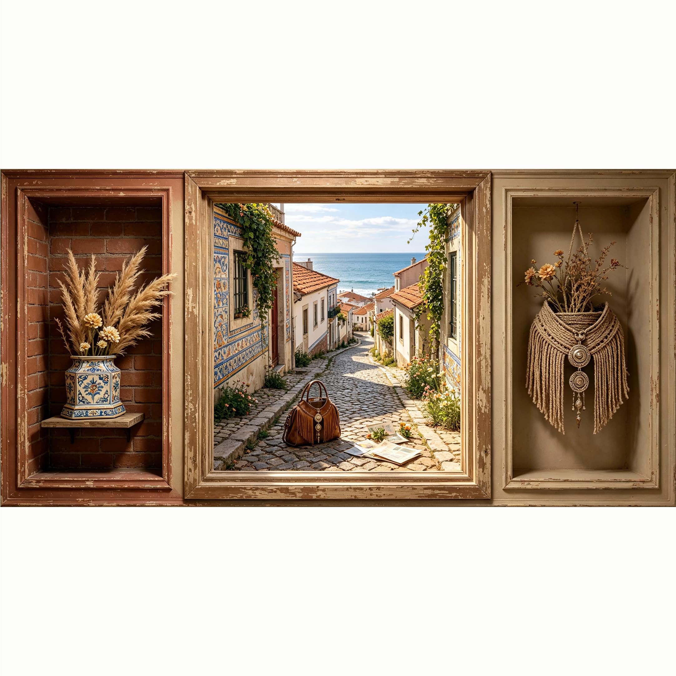 QZLITHOTIC 50x100cm 3D Framed Wall Art， Mediterranean Coastal Village Street View Self‑Adhesive Mural， Water‑Activated Peel & Stick Fabric Decor Wall Decal for Bedroom Living Room