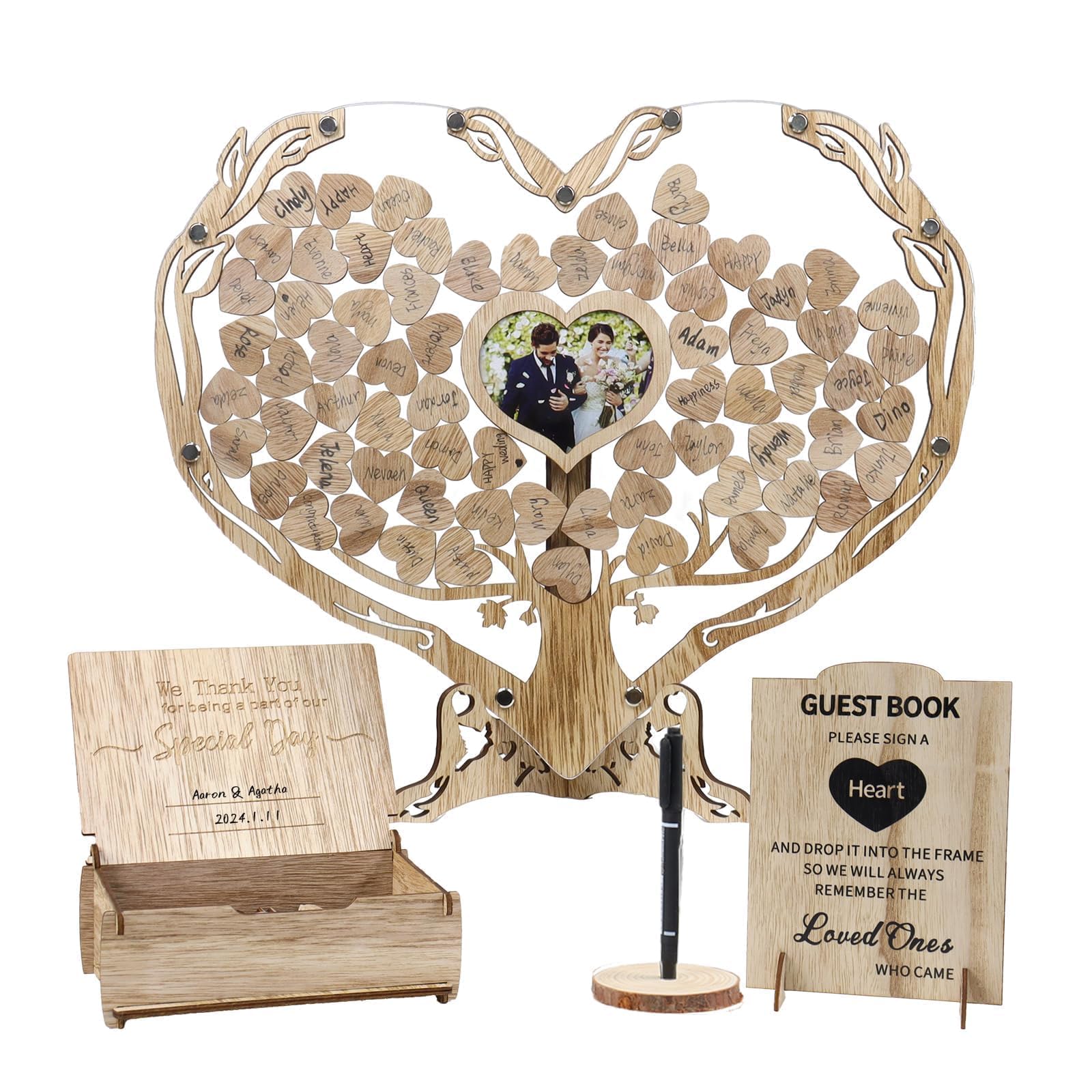 PANGBOER Signing Book with Heart Picture Frame Wedding Signing Plaques with Wood Hearts for Tabletop Display Unique Wedding Guestbook