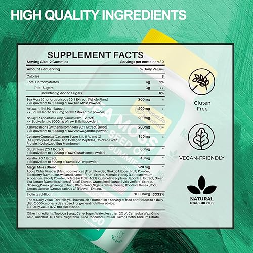 Miniatura 2 de Gummis de musgo marino con shilajit, ashwagandha y astaxantina, ricos en minerales y vitaminas para la inmunidad, salud intestinal y energía,