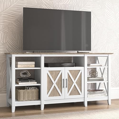 Miniatura 2 de Bush Home Key West Farmhouse - Soporte de TV para TV de 65 pulgadas, centro de entretenimiento alto con almacenamiento Blanco puro y gris,Roble