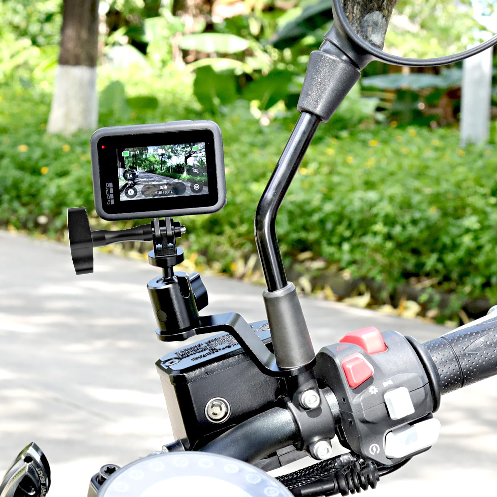 Forevercam Supporto per Moto specchietto retrovisore in Alluminio a 360° Compatibile con Gopro Max Hero 12/11/10/9/8/7/6/5, YI, AKASO, SJCAM, DJI Osmo e Altre Fotocamere di Azione