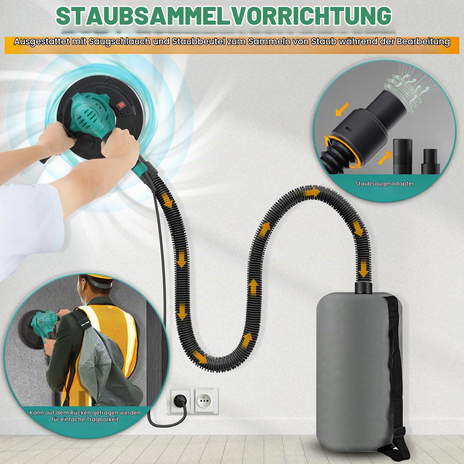 Trockenbauschleifer 800W,180mm Elektroschleifmaschine für Wände, Deckenschleifer Wandschleifer, LED-Licht,12 Schleifpapier, Staubfangsack und Absaugschlauch