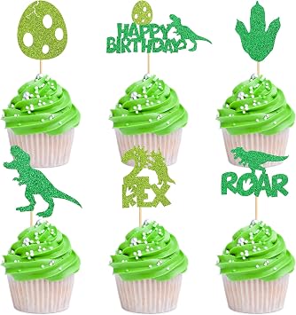 24PCS Dinosaur Cupcake Toppers 1 Rex Dinosaur Cupcake Picks Happy Birthday Roar One Years Old Dino Theme Baby Shower Birthday Party Cake Decorations Supplies Green 2