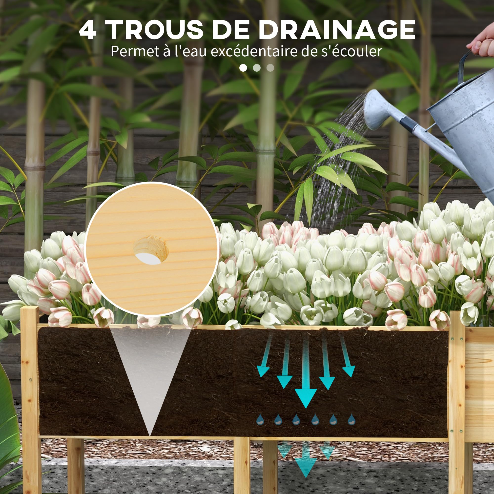 Outsunny Jardinière sur Pieds Inserts d'Irrigation 225x55x80cm Bois Naturel | Carré Potager de Jardin, Feutre de Drainage, Potager Surélevé en Bois, pour Fleurs, Herbes, Légumes