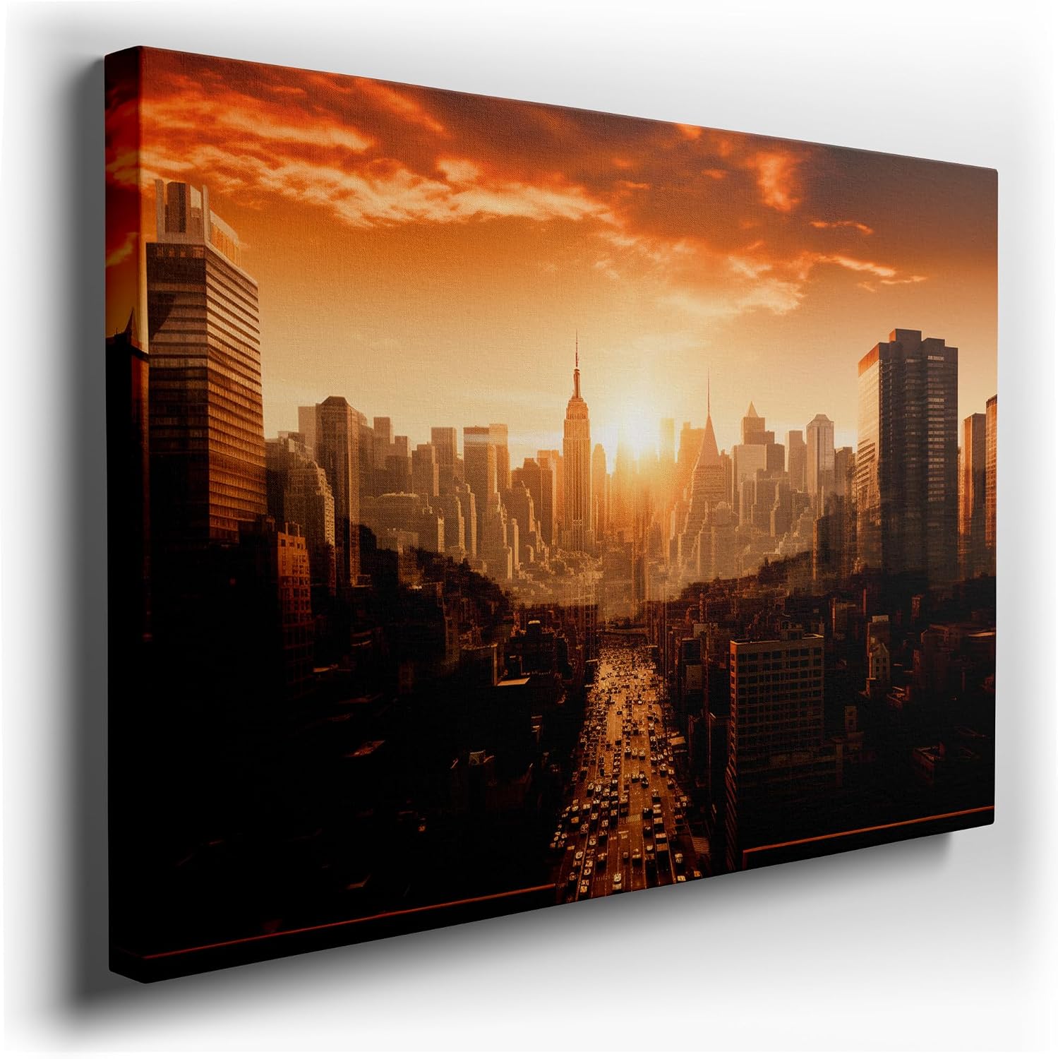 Canvas for Living room. Sunset Symphony in the Urban Jungle: Skyscrapers Meet Street Hustle, 27 x 18 inch Canvas Wall Art - Ready to Hang