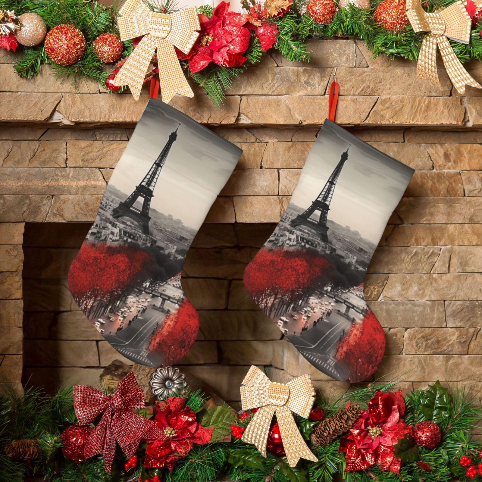 Paris Christmas Stockings 18 Inches Velvet Xmas Fireplace Hanging Stocking Rustic Christmas Santa Stockings for Home Christmas Decorations Party Favor Supplies