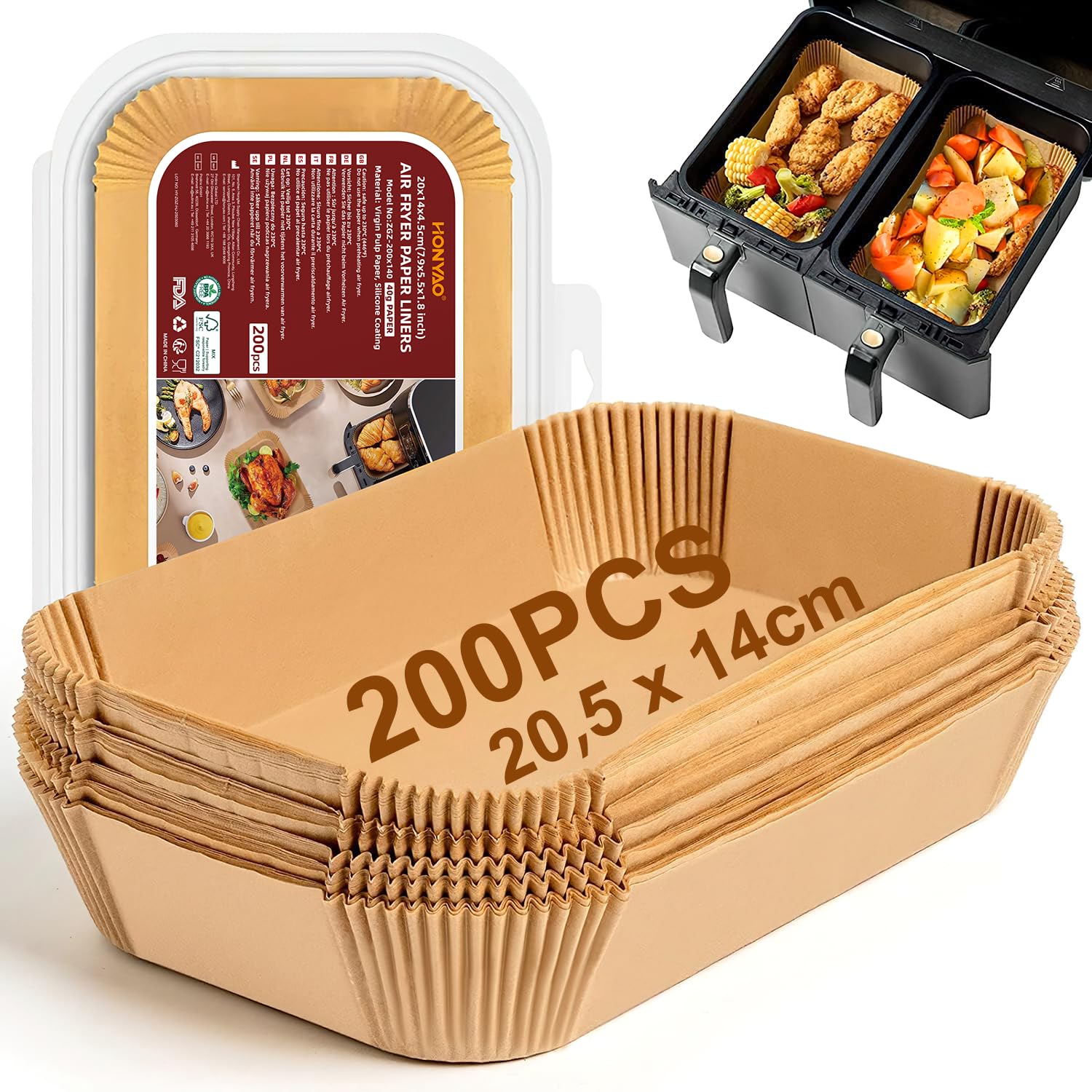 HONYAO 200 Stück Backpapier für Heißluftfritteuse Dual Zone, 20,5x14 cm Rechteckig Airfryer Papier Zubehör kompatibel mit Air Fryer Doppelkammer 7,6L-8L-8,5L-9L-9,5L-10L und Ninja Double Stack xl