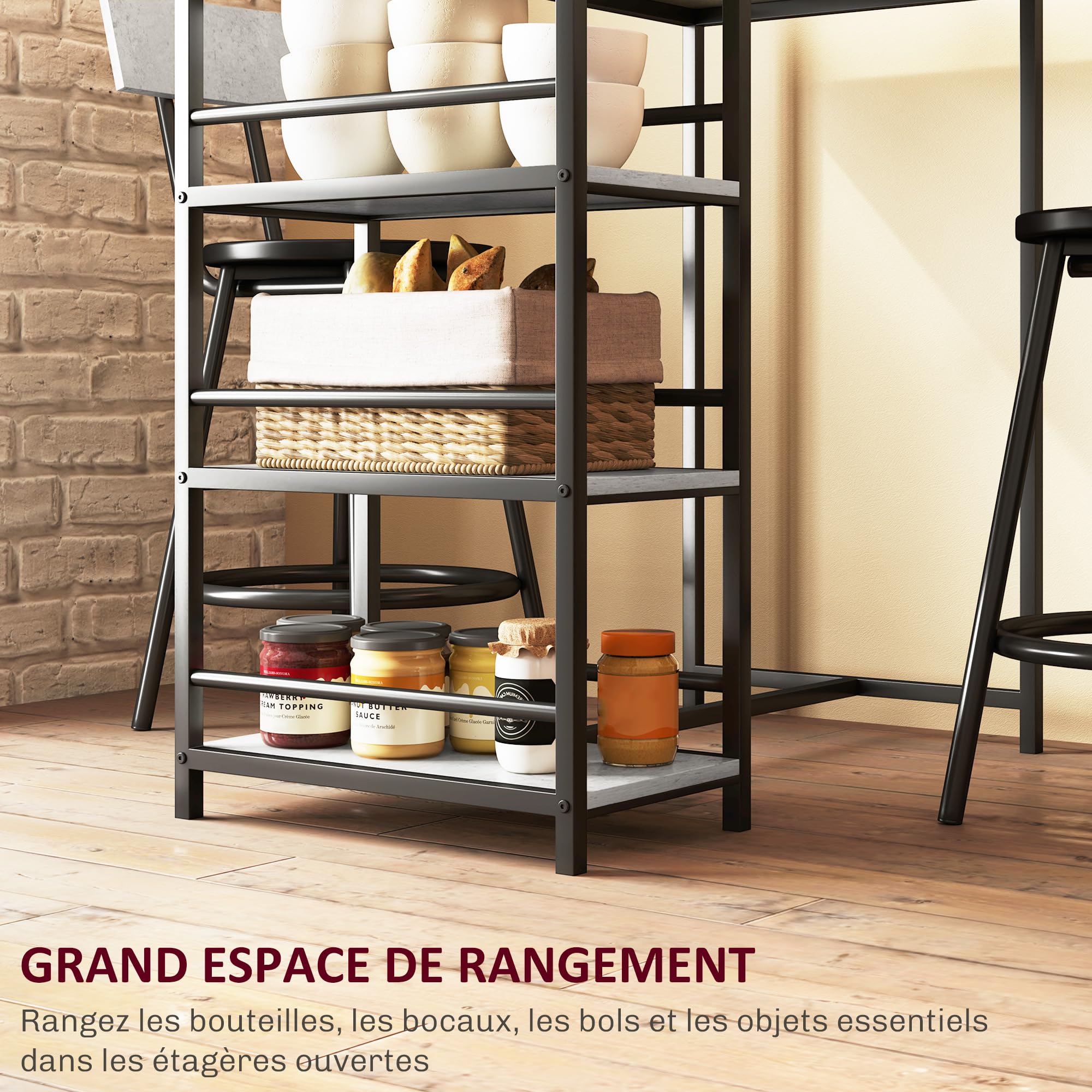 HOMCOM Ensemble Table de Bar avec tabourets, Table à Manger Debout avec 2 chaises de Bar, avec étagères, pour Salle à Manger, Cuisine, Gris et Noir
