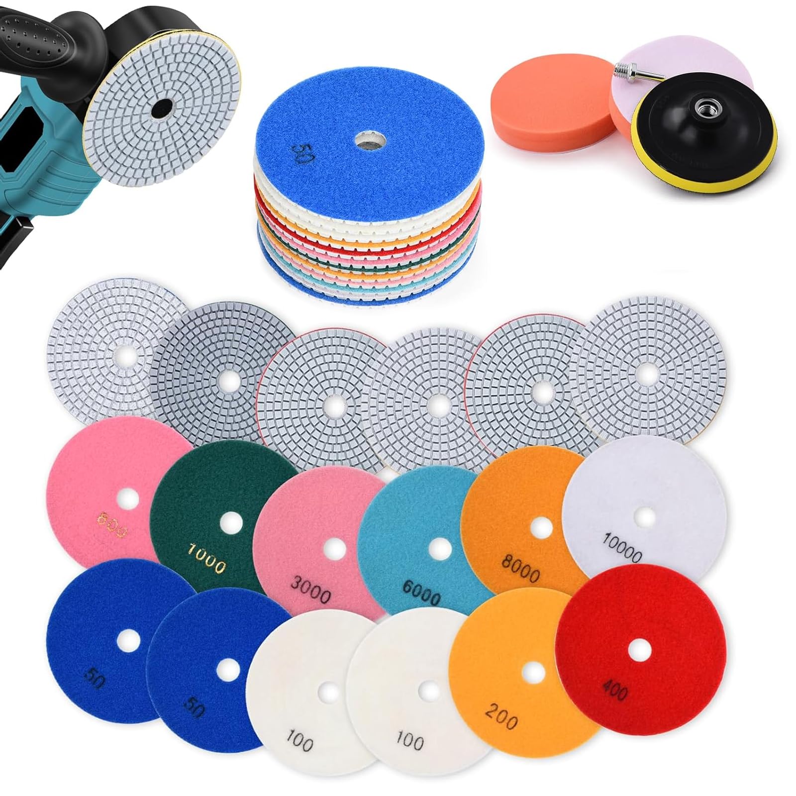 16 Stück Diamant Polierscheiben, Marmor Polierset, 125mm inkl. M14 Stützteller Adapter 50-10000 Körnung, Schleifpads geeignet für Granit Stein Beton Fliesen Schleifen