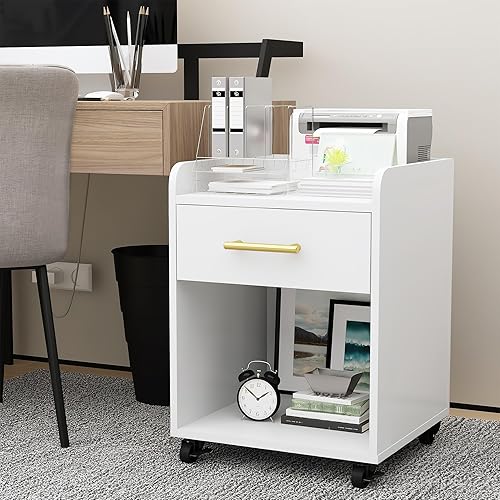 Lamerge Soporte rodante para impresora con estante de almacenamiento abierto y ruedas, 1 cajón debajo del escritorio, gabinetes verticales móviles,