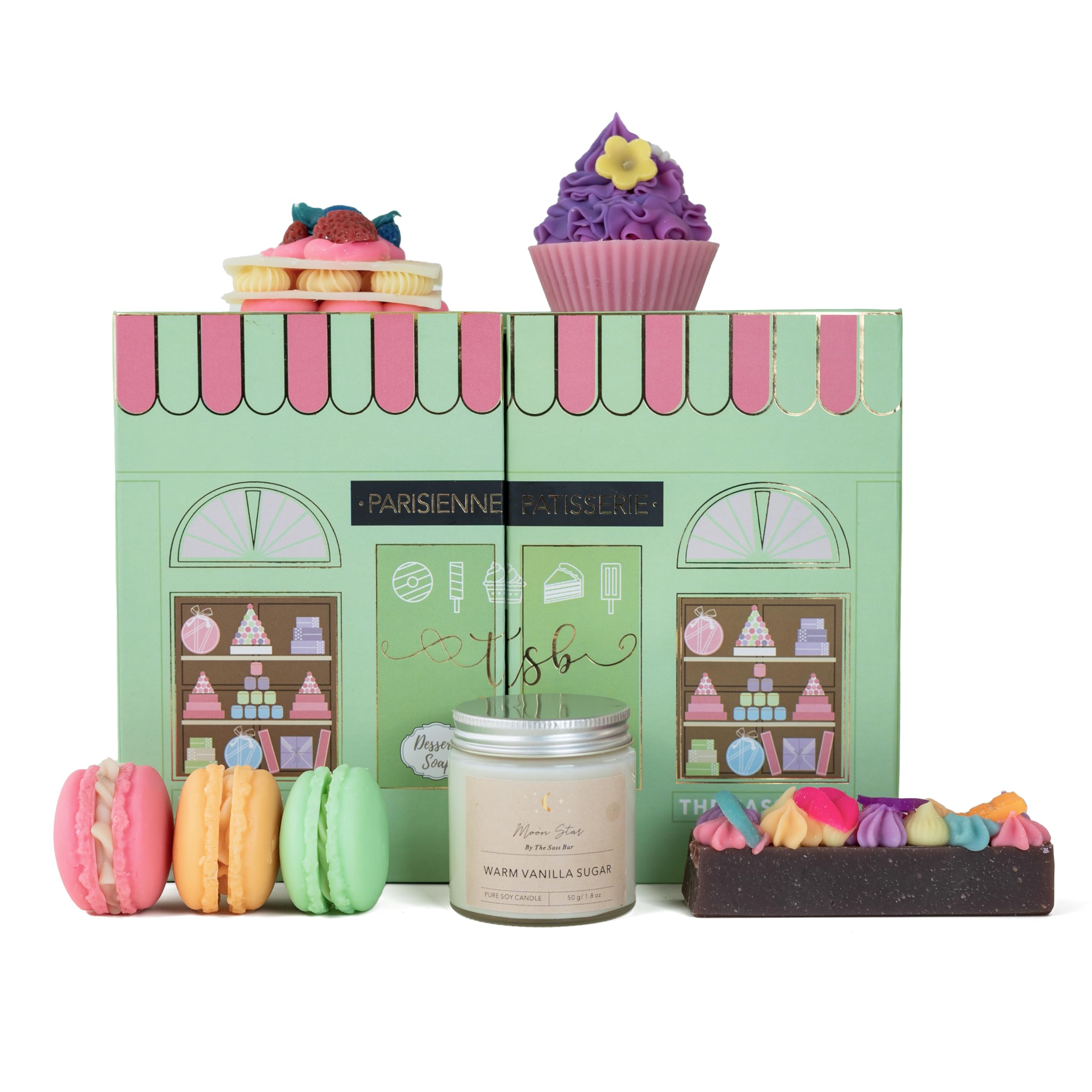 Sponsored Ad - Handmade Soaps - Parisienne Patisserie Gift Box (Mille Feuille & Cupcake Soap, Hand poured Soy Wax Candle, Macaron Soaps). Moisturizing Bar, Suitable for All Skin Types.