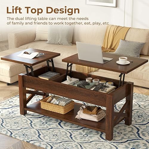 Miniatura 6 de Rolanstar Mesa auxiliar de 47.2 pulgadas, mesa de centro de 2 vías con compartimento oculto, mesa de centro elevable con estante abierto y soporte