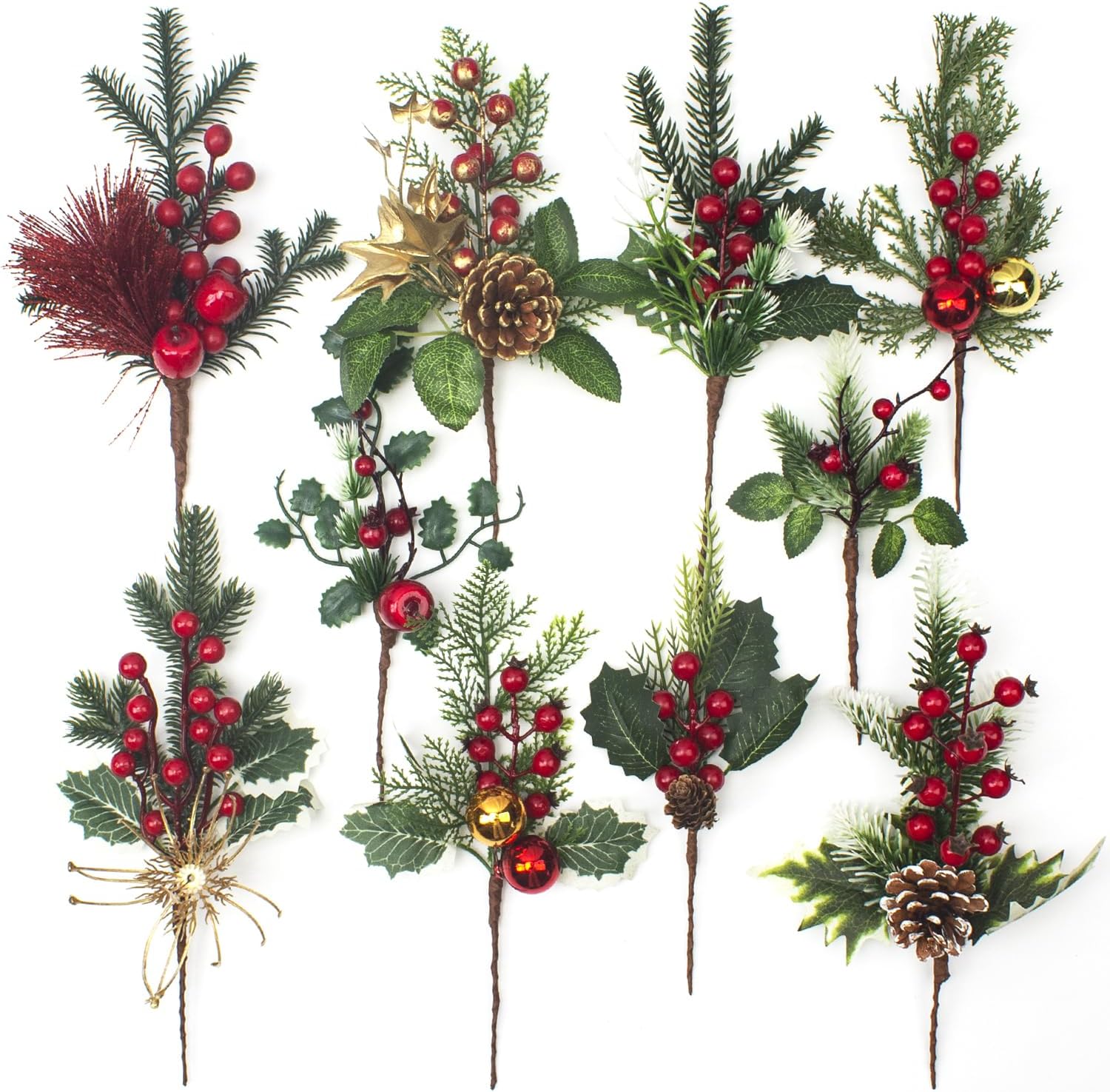 10 Pcs Artificial Pine Picks Christmas Pine Picks Pine Needles Branches with Red Berry Pinecones Berry Branches Fake Berries for Flower Arrangements Wreaths Holiday Xmas Tree Decoration