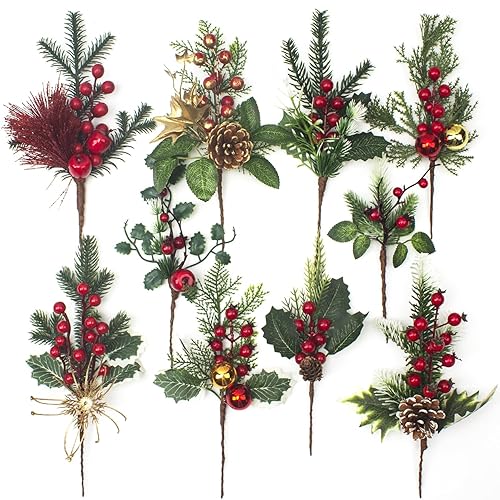 Grunyia 10 Pcs Artificial Pine Picks Christmas Pine Picks Pine Needles Branches with Red Berry Pinecones Berry Branches Fake Berries for Flower Arrangements Wreaths Holiday Xmas Tree Decoration