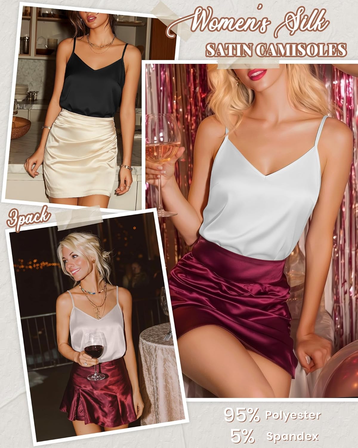 3 Pack Women's Silk Satin Camisoles V Neck Adjustable Spaghetti Strap Tank Tops Sleeveless Cami Shirts Loose Blouse