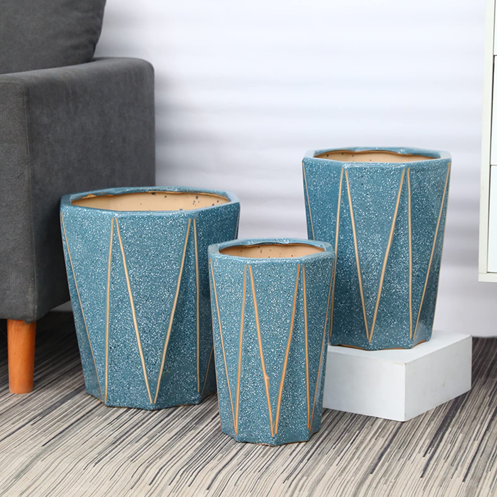 Vasi da Giardino Vasi da Fiori con Geometria da 7,8/10,2/12,5 Pollici, vasi per Piante in Ceramica a Punti Colorati con Fori di drenaggio per casa, Piante da Esterno, Blu