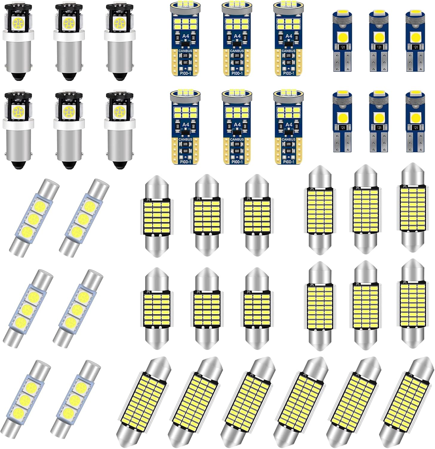 Qoope 42PCS Interior Car Lights Dome Light Bulb T10 BA9S T5 28mm 31mm 36mm 41mm LED Bulb Light Kit for 12V Car Map Trunk Cargo Door Courtesy License Plate Lights White
