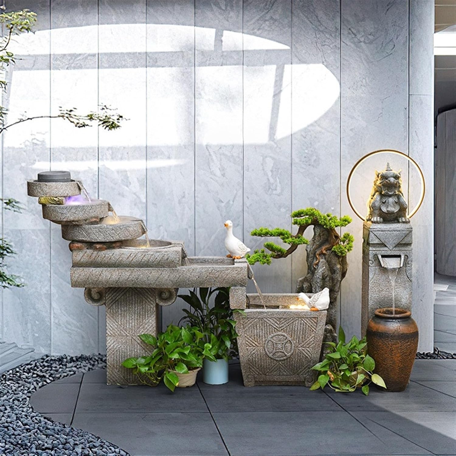 Modern Chinese Courtyard Water Fountain Decoration, Courtyard Balcony Rockery Fish Pond, Outdoor Indoor Landscape Floor Decoration Floor-Standing Fountains