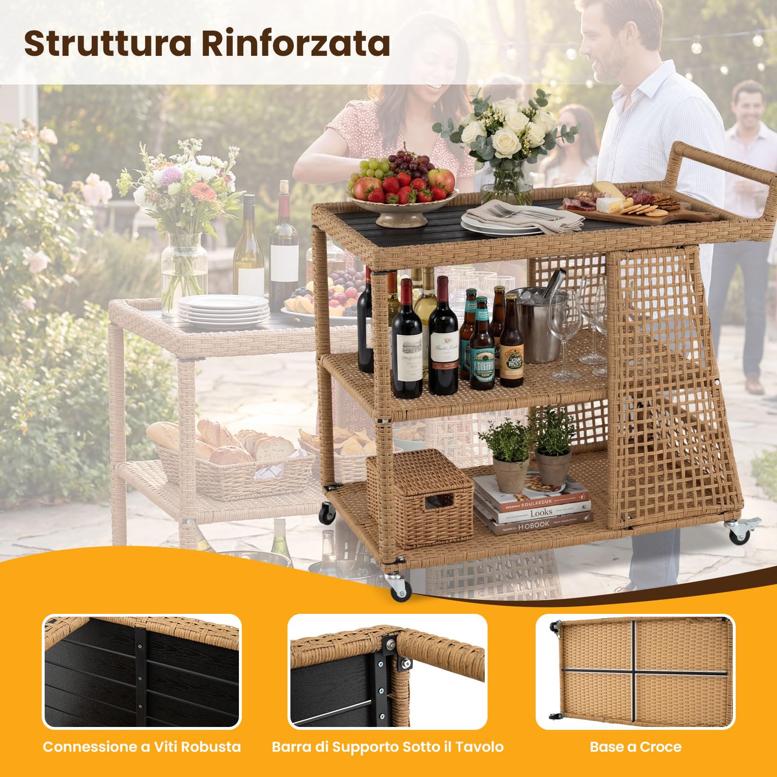 COSTWAY Carrello Bar da Esterno, Carrello Portavivande in Rattan con 4 Ruote, 3 Ripiani Aperto e Maniglia Laterale, Carrellino da Servizio per Cucina, Giardino e Bordo Piscina, 98 x 54 x 92 cm