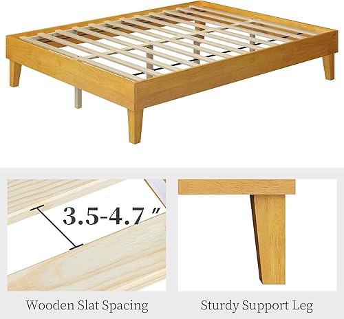 Miniatura 16 de Yaheetech Base de cama Queen con plataforma de madera maciza natural con soporte de listones de madera, espacio debajo de la cama de 12 pulgadas