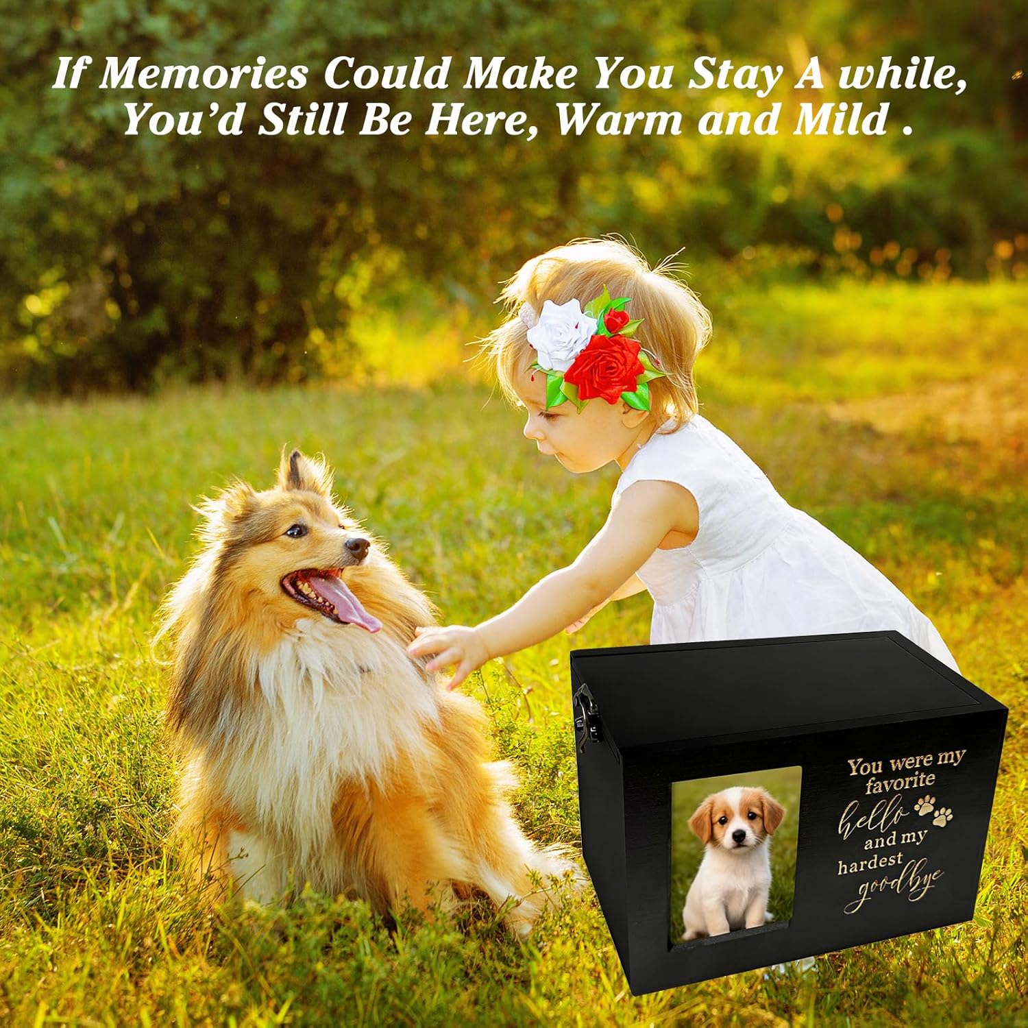 Dog Urn,Pet Urns for Dogs, Up to 80lb Pets,Pet Urn, Dog Urns for Ashes & Cat Urn, Medium Wooden Memorial Box with Photo Frame, Black Flannel Lining