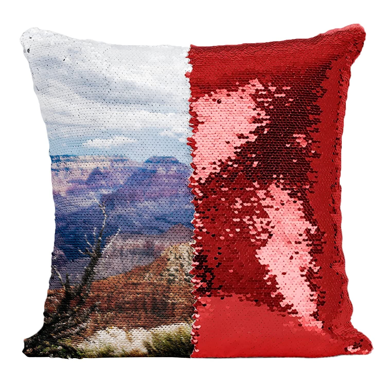 Coussin paillettes magiques rouge motif Grand Canyon naturel