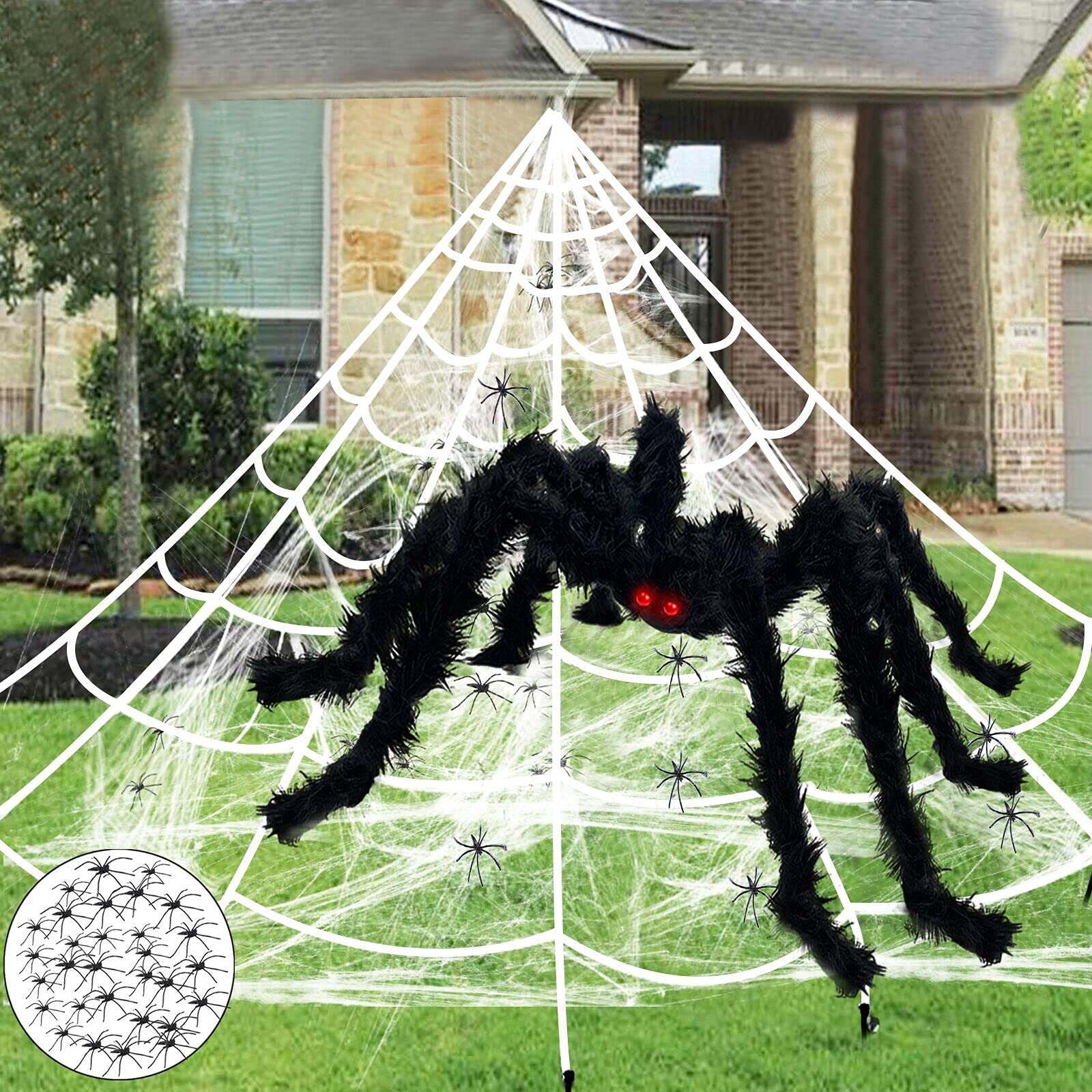 23 Feet Halloween Decorations Outdoor Giant Spider Web, 50 Inch Large Spider, Super Stretch Cobweb, 10 Glow in the Dark Spiders and 10 Small Spiders Halloween Decor Party Yard Lawn Props Haunted House