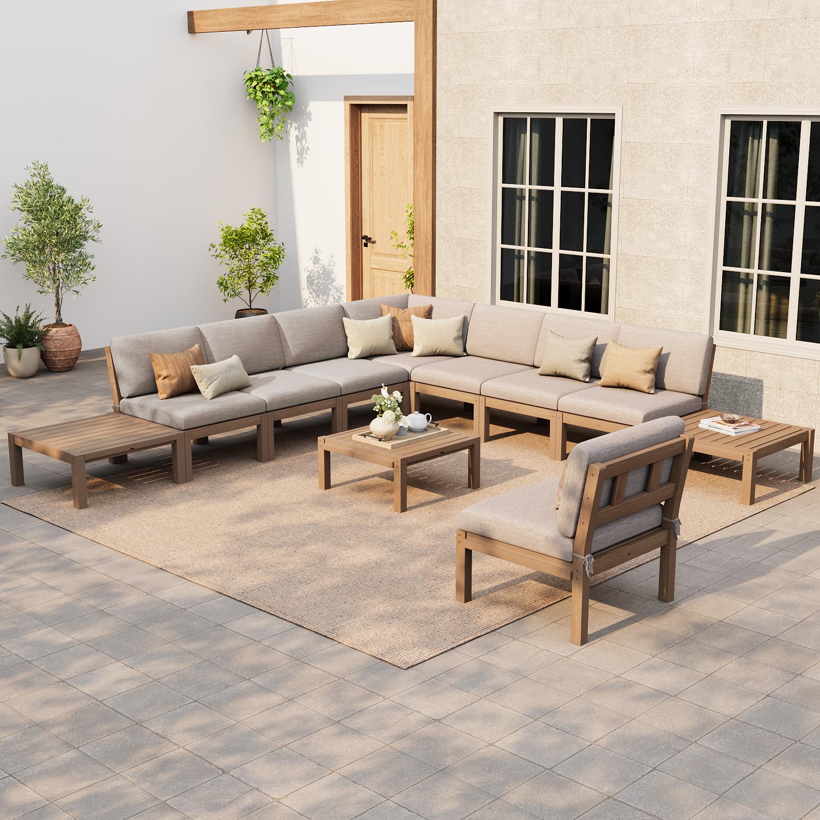 Stoog 11-Piece Patio Conversation Set, 8-Seats Outdoor Sectional Sofa Set - Modular &amp; Waterproof HIPS Frame, Quick-Dry Olefin Cushions, Teak