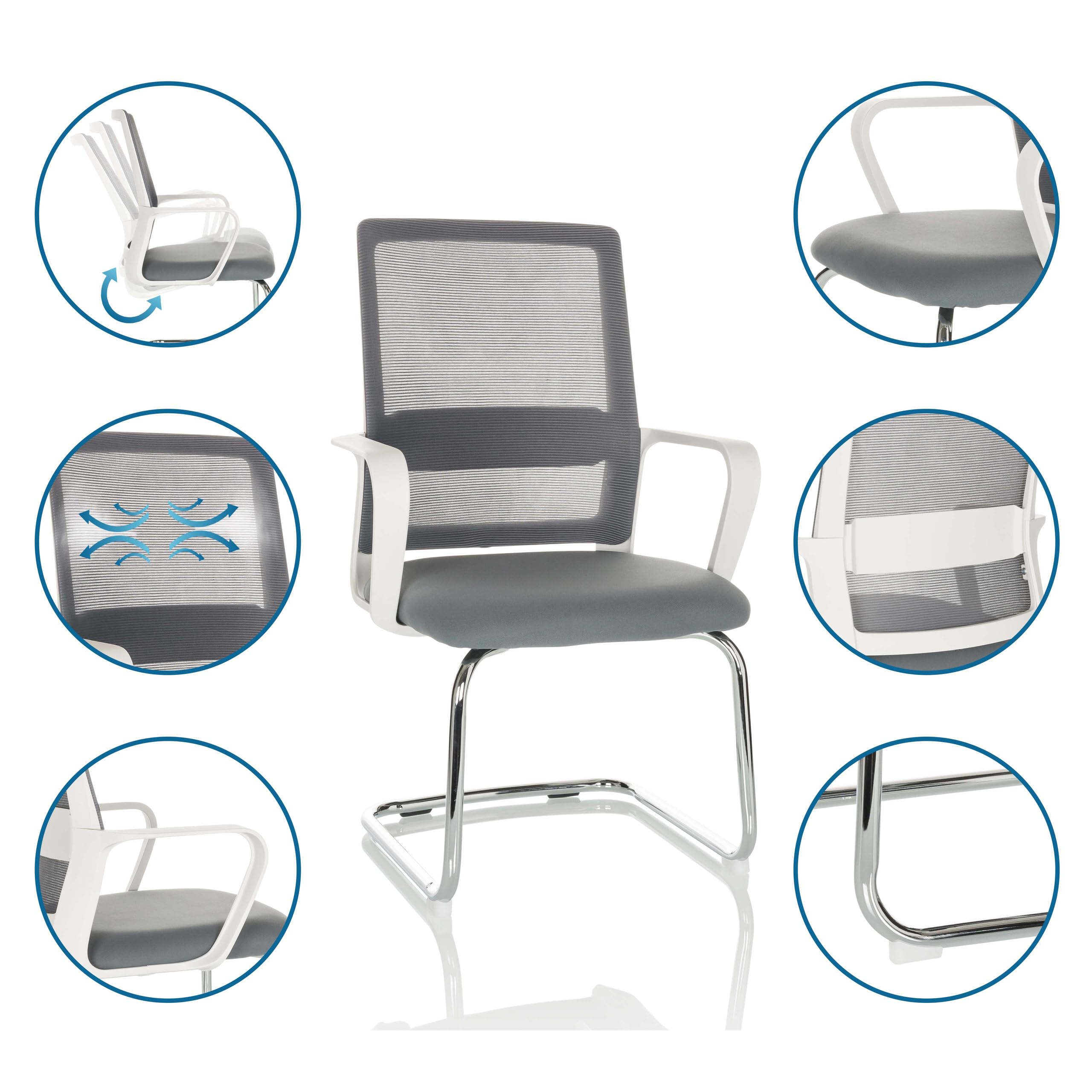 hjh OFFICE Freischwinger Stuhl Visiter W Stoff/Netzstoff Stuhl Besucherstuhl mit Lordosenstütze, ergonomisch, Grau, 729442