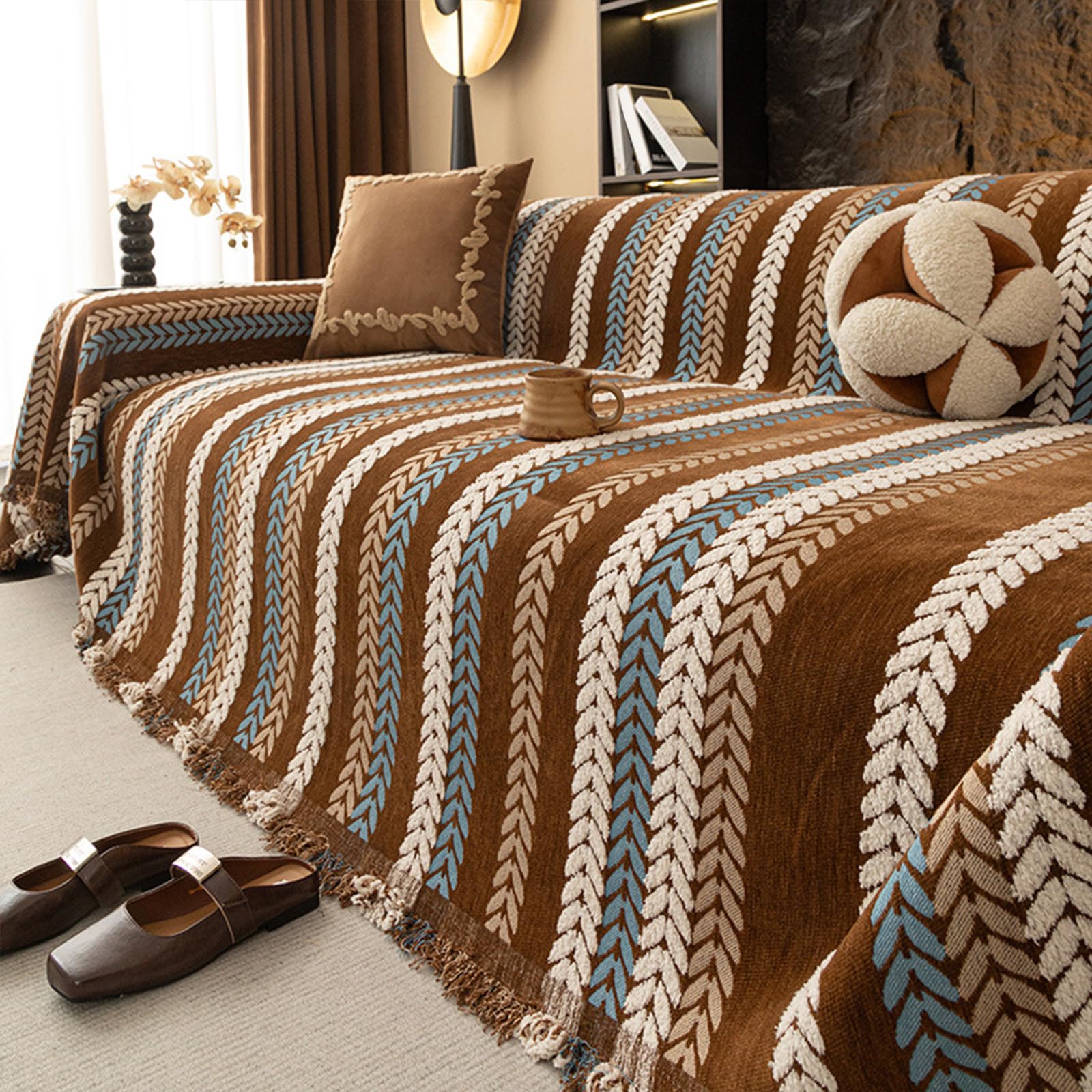 Sofa Throw Blanket for 2 3 4 Seater, Soft Durable Chenille Pet-Friendly Sofa Slipcover with Tassels, All-Season Multi-use Living Room Furniture Protector Brown 180x260cm/70.87x102.36in